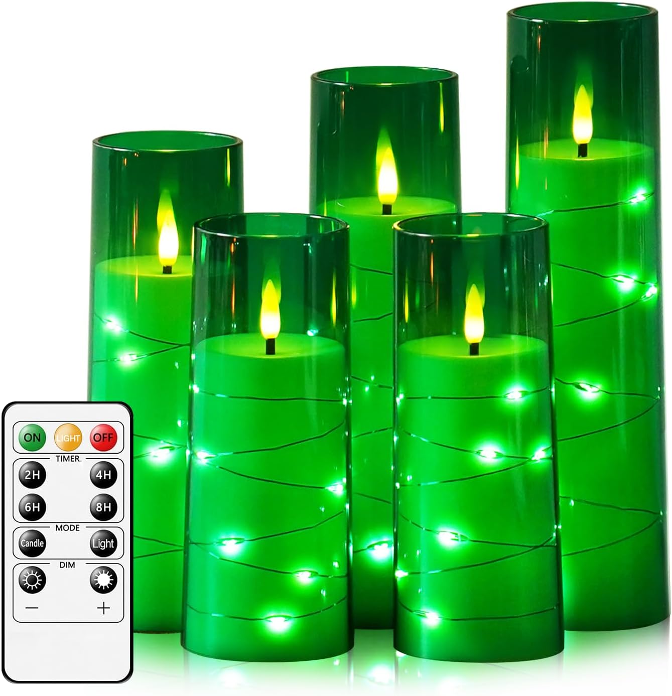 Flameless LED Candles with Timer 5 Pc Flickering Flameless Candles for Romantic Ambiance and Home Decoration Stable Acrylic Shell,with Embedded Star String,Battery Operated Candles(Green)