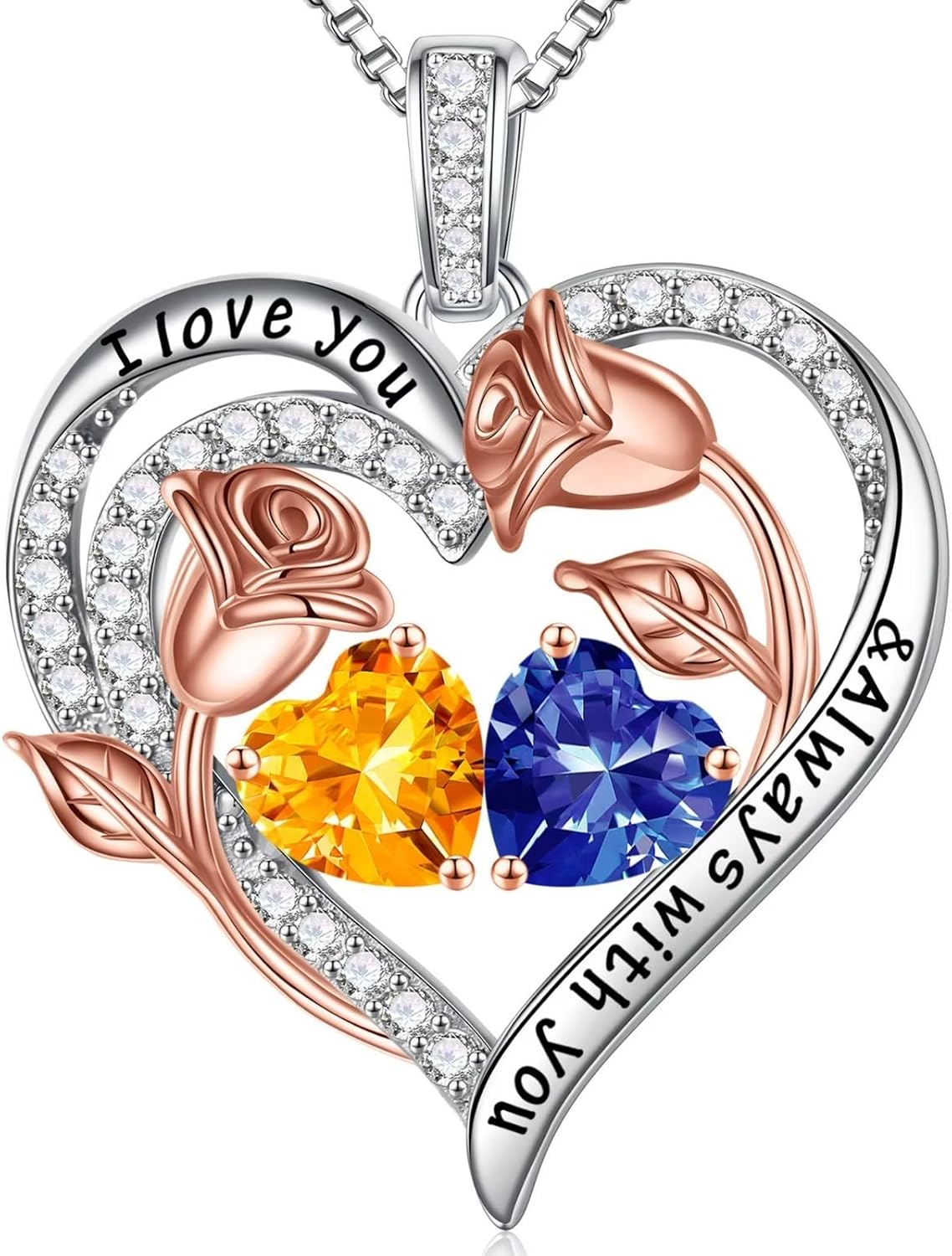 Iefil Birthstone Necklace for Women - 925 Sterling Silver Rose Heart Birthstone Necklace Birthday Anniversary Jewelry Gifts for Her Wife Mom Daughter