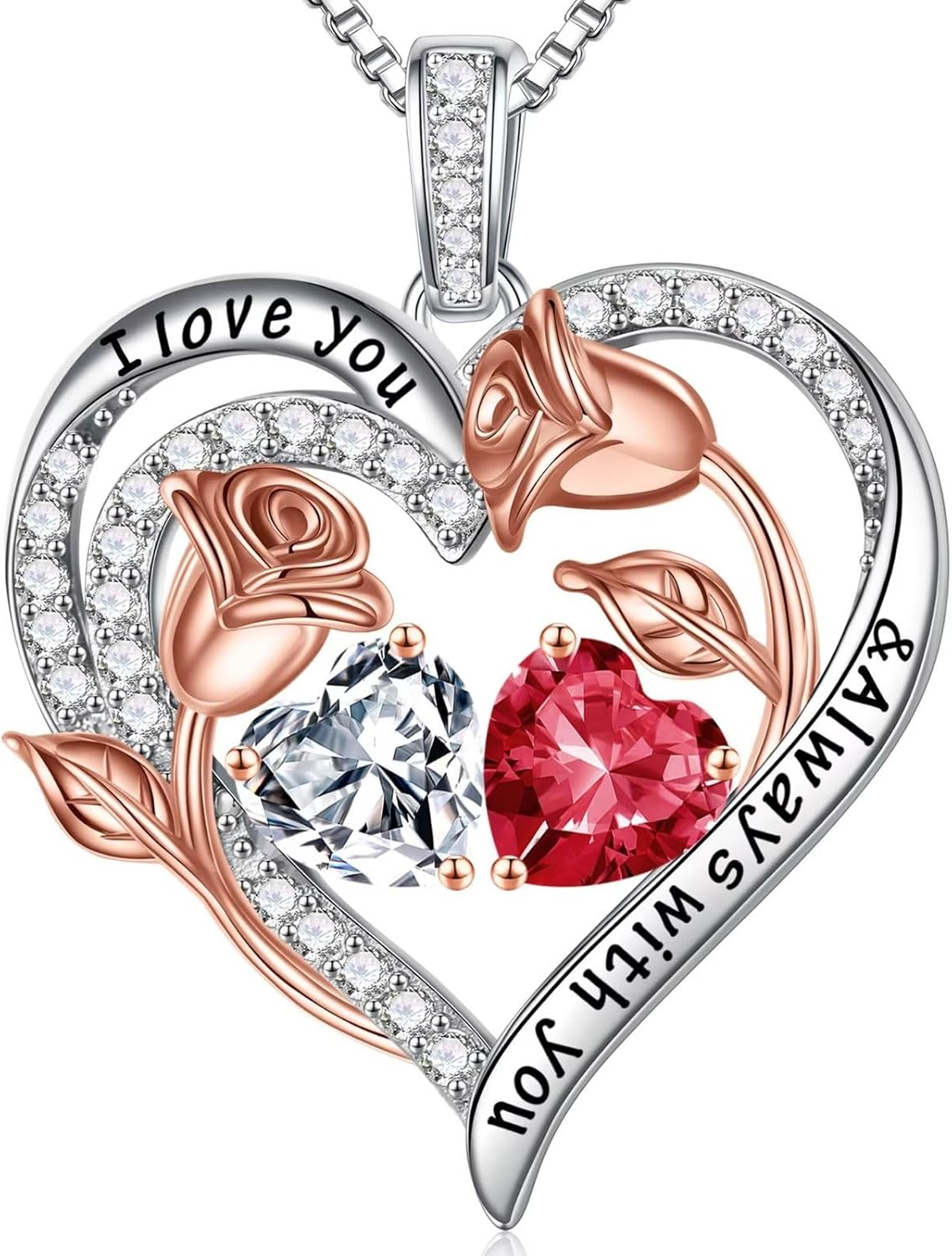 Iefil Birthstone Necklace for Women - 925 Sterling Silver Rose Heart Birthstone Necklace Birthday Anniversary Jewelry Gifts for Her Wife Mom Daughter