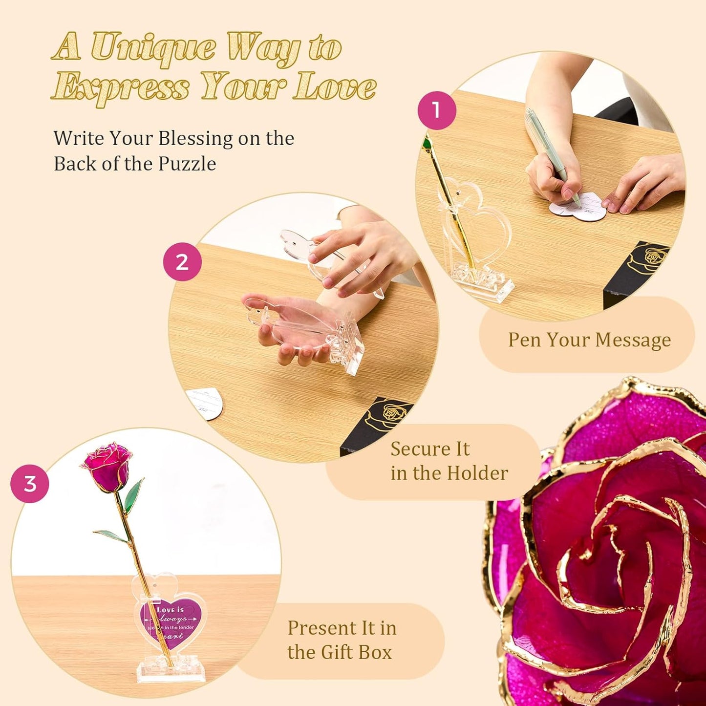Mikasol Real 24K Gold Dipped Realistic Rose – Timeless Lifelike Bloom with Heart Puzzle Base – Romantic Gradient Purple Flower Gift for Her, Wife, Girlfriend, Mom – Birthday, Anniversary, Mother’s Day