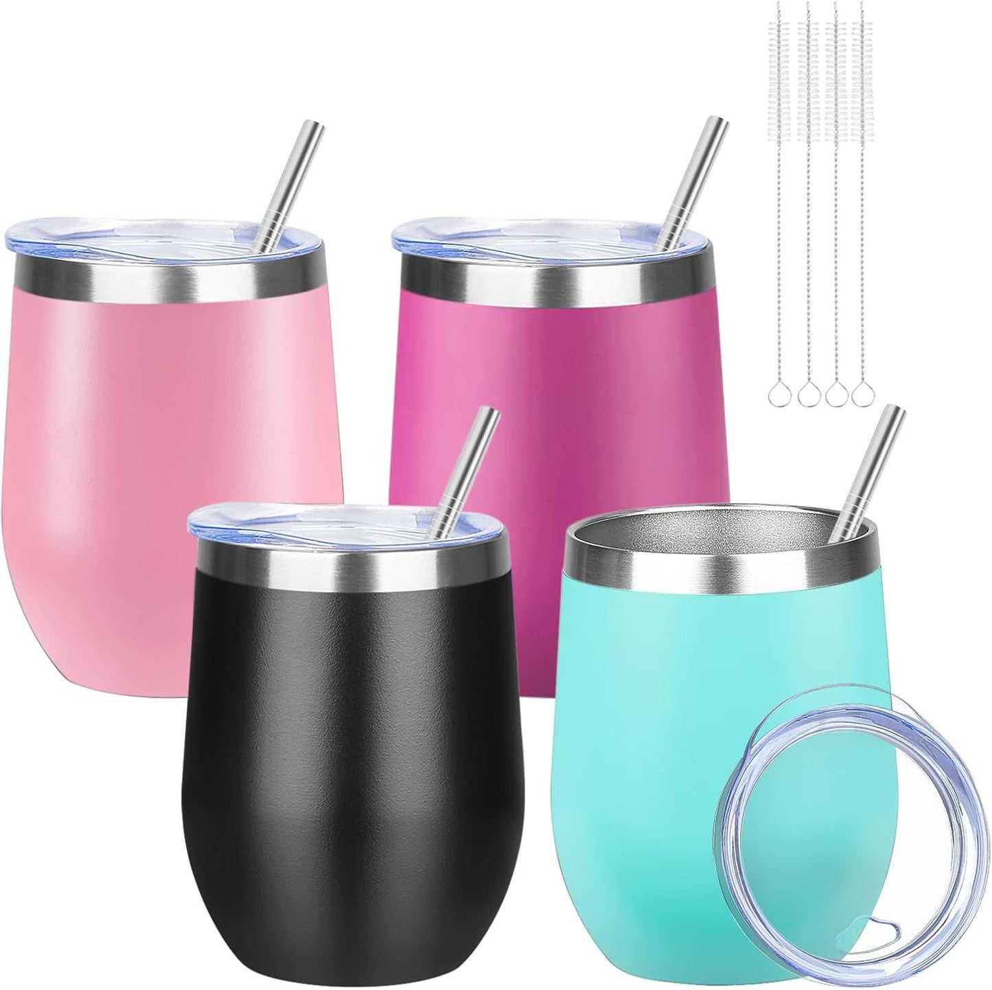 12oz/4 Pack Wine Tumbler Glasses with Lid Stemless Double Wall Vacuum Stainless Steel Travel Tumbler Keeping Cold & Hot for Wine,Coffee,Cocktails,Christmas Drinks-Family and Gifts(Multi color-5)