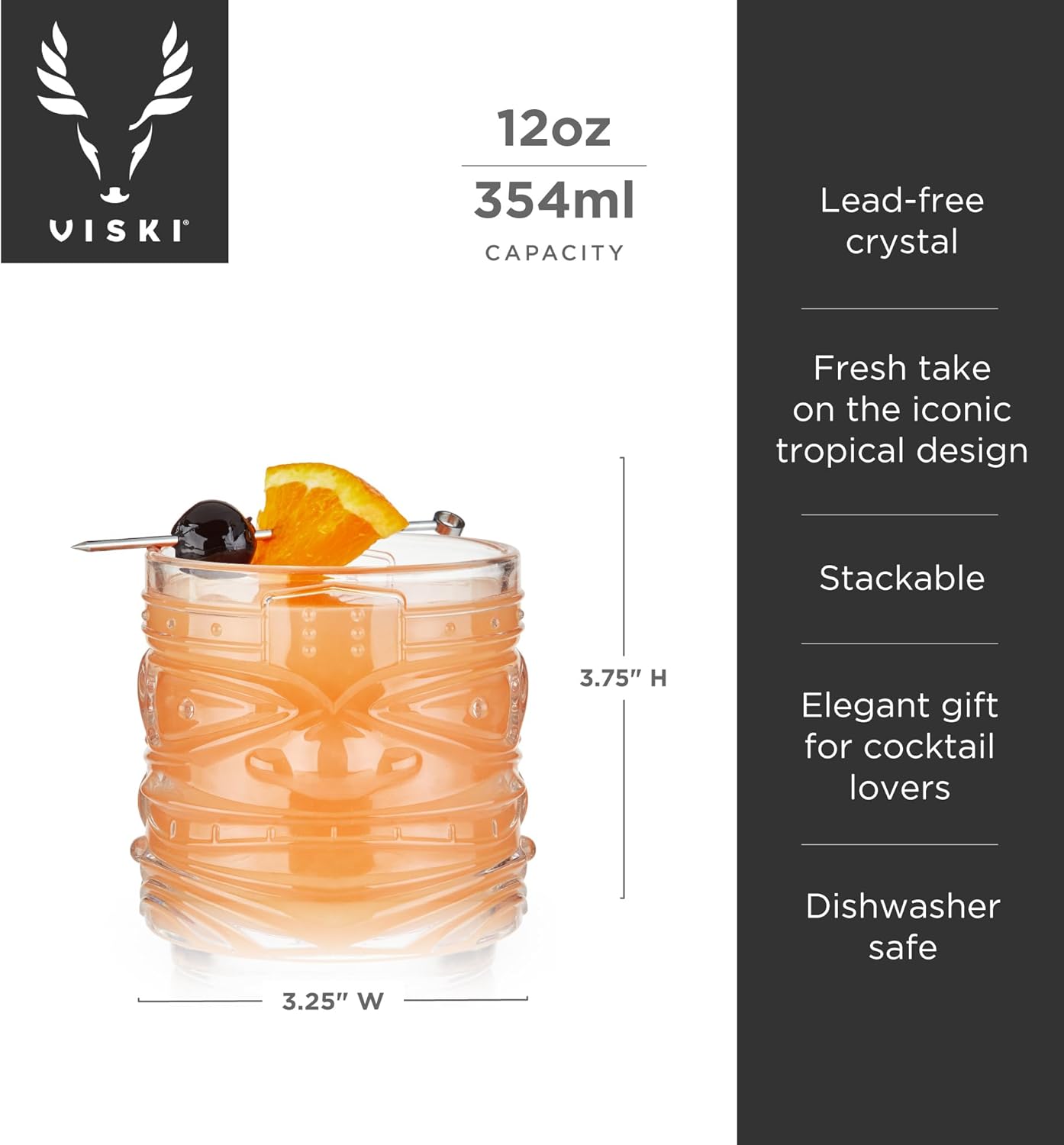 Viski Pacific Tiki Glasses Stackable Lowball DOF Tumblers, Tropical Cocktail and Bar Gifts for Rum and Whiskey, 12 Oz, Set of 2