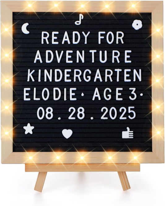 Light up Changeable Felt Letter Board Sign with LED Lights - Back to School Supplies, 10×10in Message Board Wall Mounted with Tripod Stand 450 Letters for Dorm Decor, Black