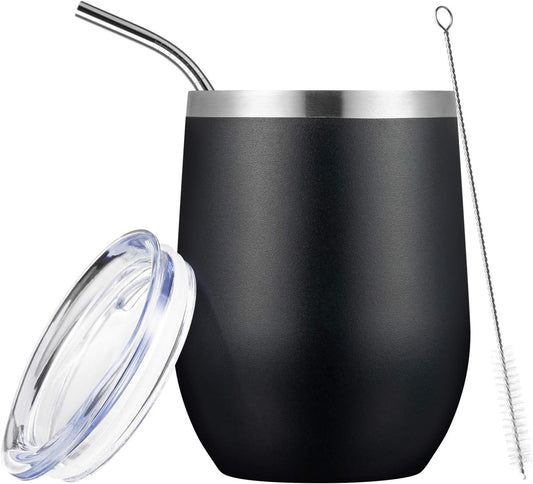 COMOOO Stainless Steel Wine Tumbler with Lid and Straw, 12oz Double Wall Vacuum Insulated Wine Tumbler Cup, Stemless Wine Glass for Coffee, Wine, Cocktails, Champagne, Black
