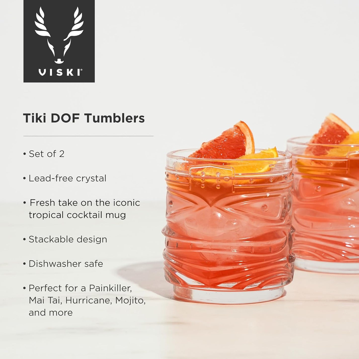 Viski Pacific Tiki Glasses Stackable Lowball DOF Tumblers, Tropical Cocktail and Bar Gifts for Rum and Whiskey, 12 Oz, Set of 2
