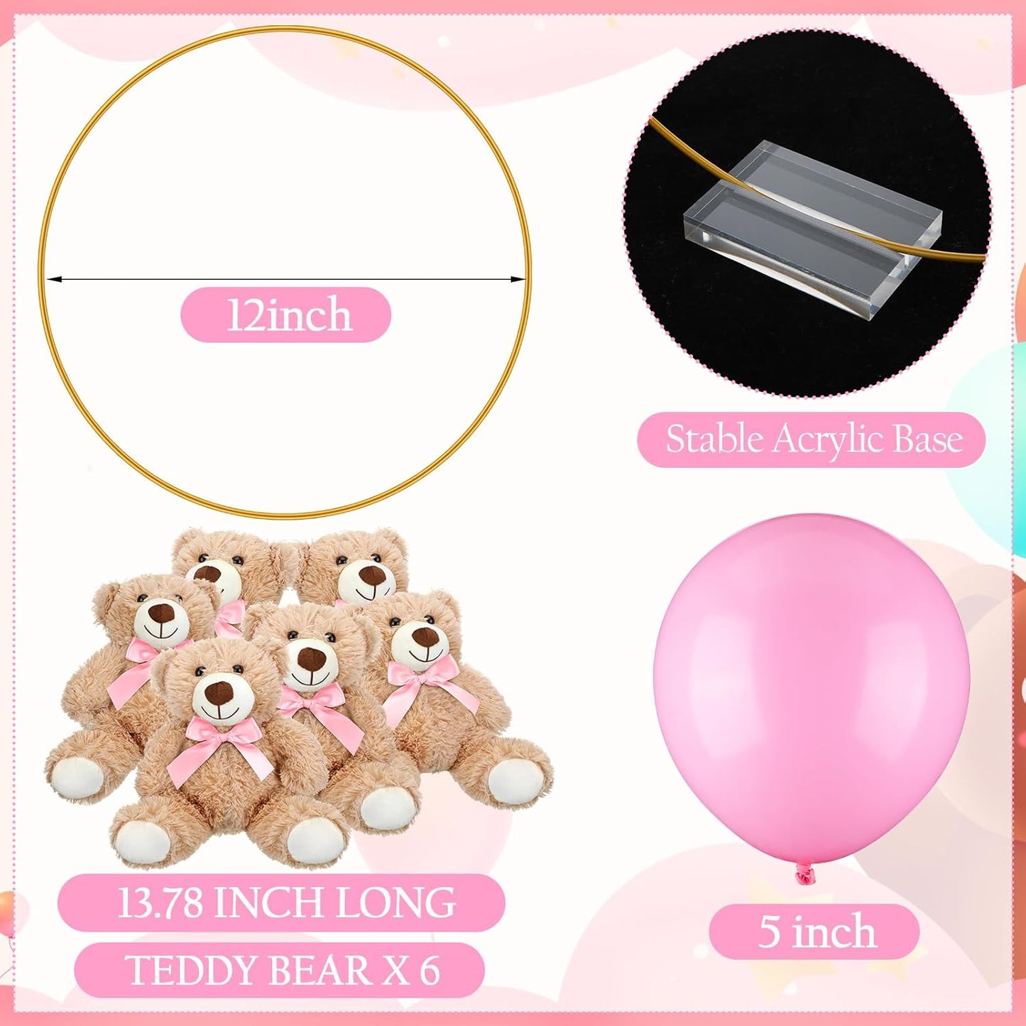 6 Sets Bear Baby Shower Table Centerpieces Bear Stuffed Animals 12 Inch Metal Floral Hoop with Stand Balloon for Wedding Baby Shower Birthday Flowers Table Decorations(Pink)