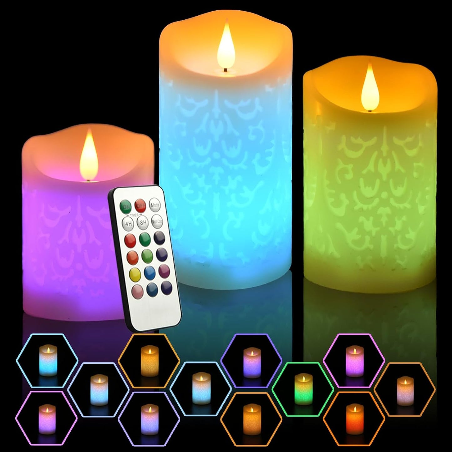 NICEME 3PCS LED Multi Colored Flameless Candles with Remote Control Timer Color Changing Candles Realistic Wax Battery Operated Candles with Flickering Flame, D3 x H4 5" 6"