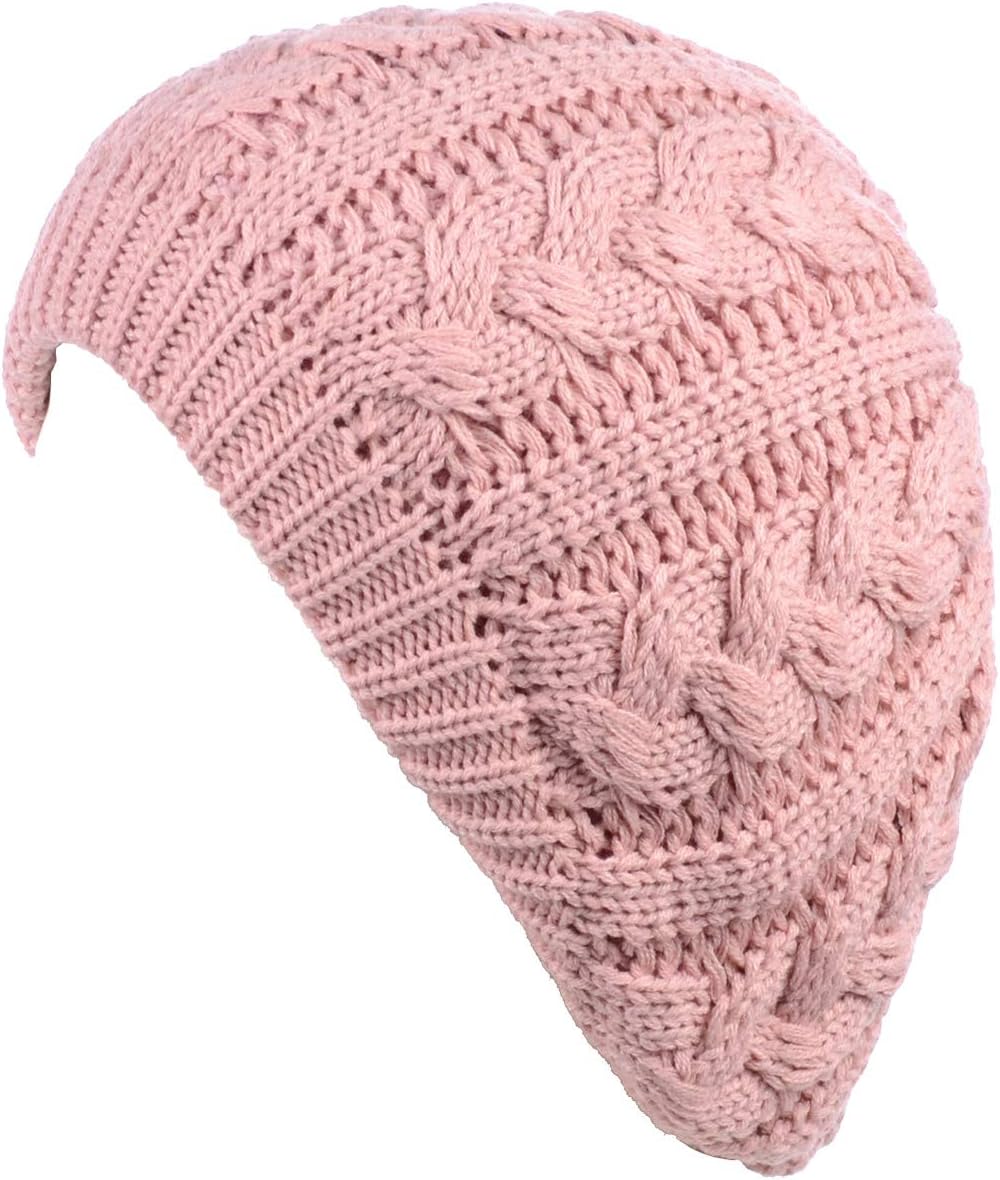 BYOS Womens Winter Cozy Cable Fleece Lined Knit Beret Beanie Hat (Set Available)