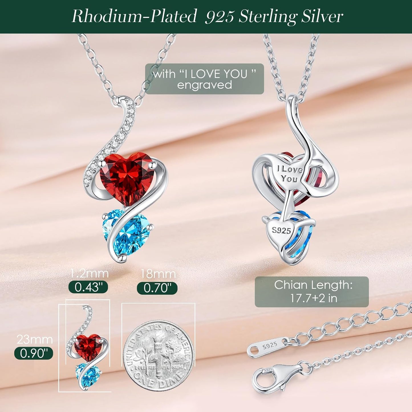 LOUISA SECRET Unique Double Heart Necklace Gifts for Wife Women, 925 Sterling Silver Tiny Birthstone Pendant Jewelry Gift for Her Girlfriend Mom Valentine's Day Anniversary Mother's Day Birthdays & Christmas