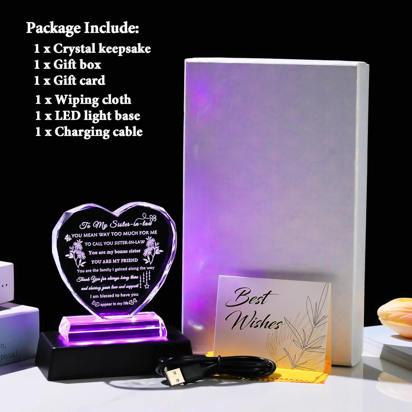 YWHL Best Sister in Law Gifts with Colorful LED Base Heart Crystal Keepsake Wedding Birthday Gifts for Sister in Law Unique Sister in Law Gifts Ideas for Christmas Mother's Day Thanksgiving