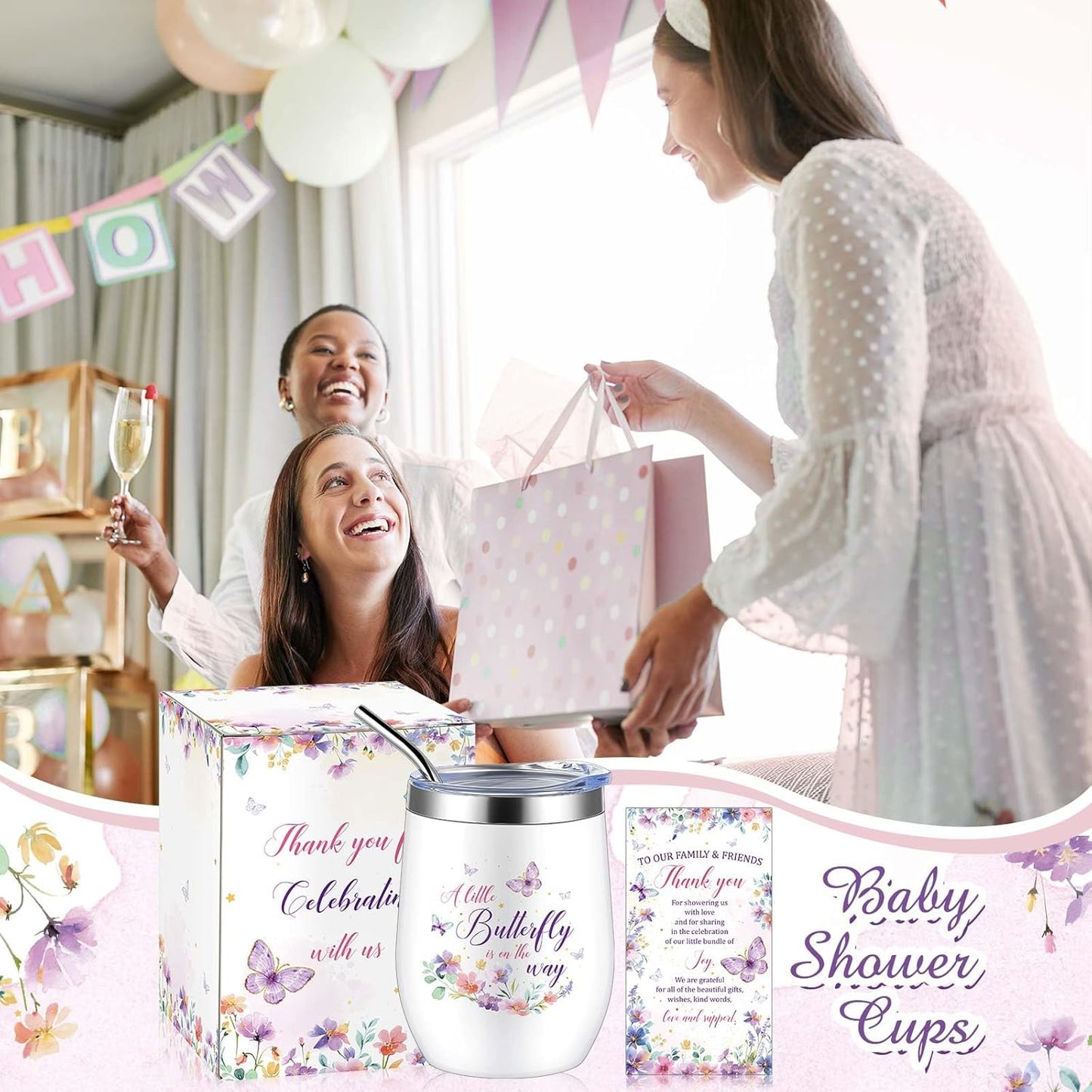 Hoolerry 6 Set Baby Shower Game Prizes for Guests Winners 12 oz Insulated Stainless Steel Tumbler Cup with Lids, Straws, Cleaning Brush, Cards & Boxes Return Gifts(Purple,Butterfly)