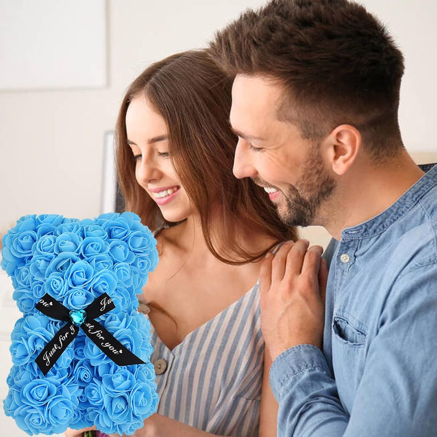 Artificial Rose Flower Bear,Perfect Romantic Gift for Her, Valentine's Mother's Day, Christmas, Birthday,Thanksgiving Party Anniversary Girl Friend Wife with Heart-Shaped Diamond Light Blue.