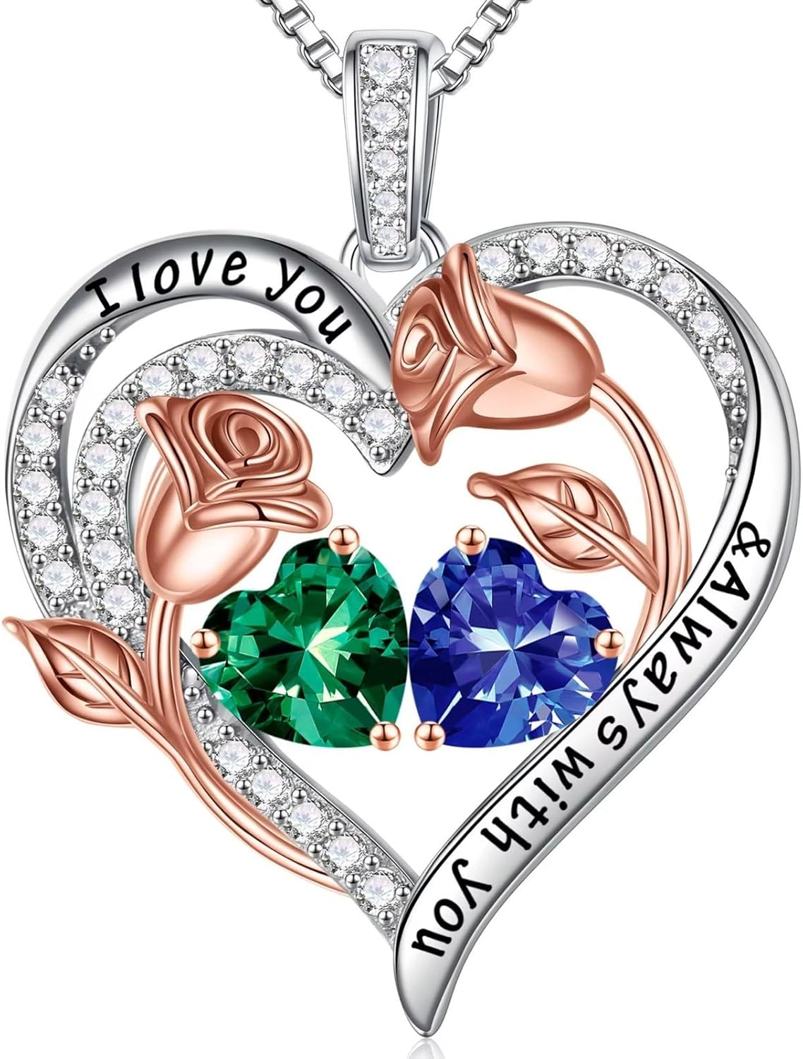 Iefil Birthstone Necklace for Women - 925 Sterling Silver Rose Heart Birthstone Necklace Birthday Anniversary Jewelry Gifts for Her Wife Mom Daughter