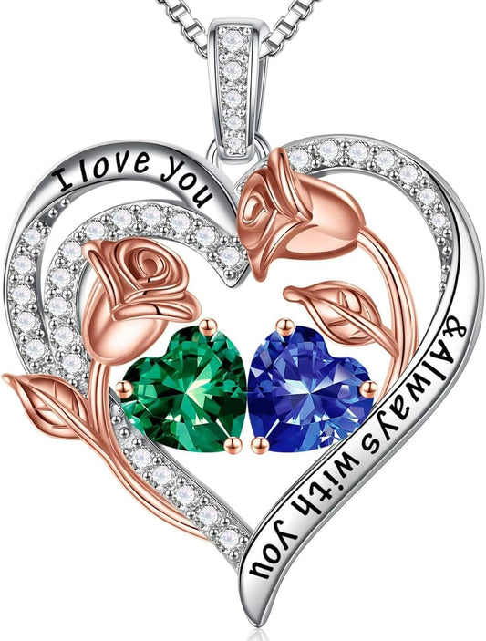 Iefil Birthstone Necklace for Women - 925 Sterling Silver Rose Heart Birthstone Necklace Birthday Anniversary Jewelry Gifts for Her Wife Mom Daughter