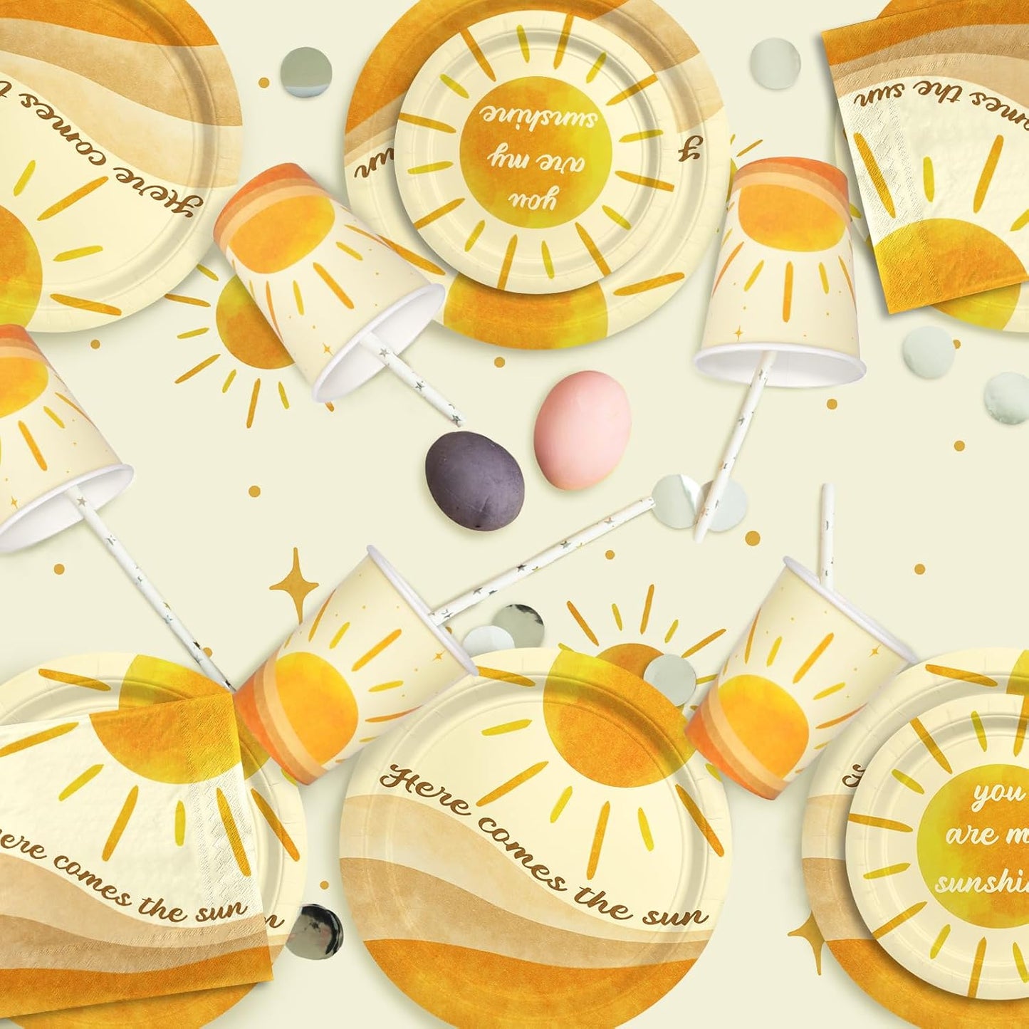 Boho Sun-Theme Birthday Party Supply Set; Complete Baby Shower Decorations with Sunshine Disposable Paper Plates, Cups, Tablecloth, Banner and Napkins for 25; Boho Baby Shower Party Decorations.
