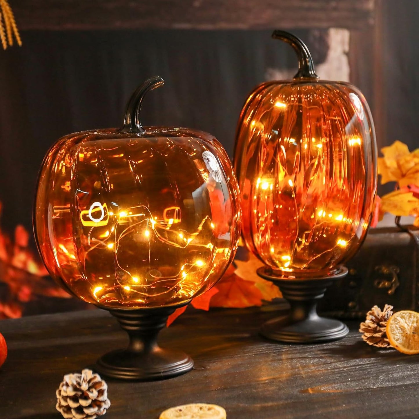 Glass Pumpkin Lights with Warm Yellow LED String, Set of 2 – 13.4” & 11.8” Tall Amber Glass Pumpkins for Fall, Halloween, Thanksgiving Table Centerpiece, Indoor Autumn Home Decor