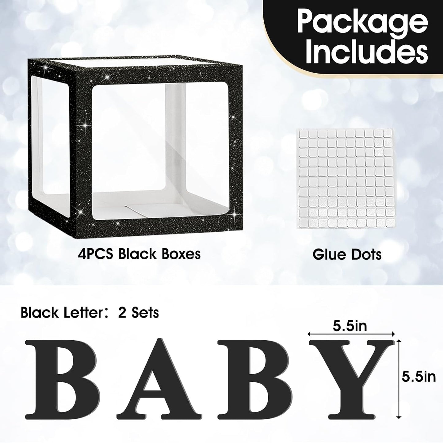 Ledido Baby Boxes with Letters for Baby Shower Decorations, 4 pcs Clear Baby Balloon Boxes for Baby Shower Decor with Letters for Boy Girl Gender Reveal Decorations Backdrop Party (Black Glitter)