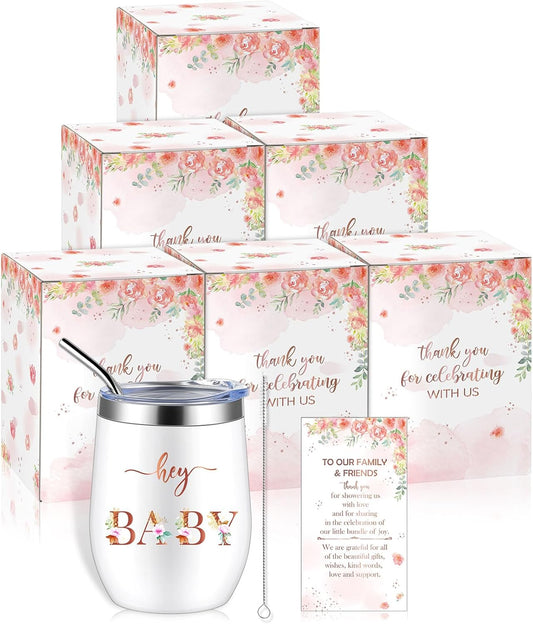 Hoolerry 6 Set Baby Shower Game Prizes for Guests Winners 12 oz Insulated Stainless Steel Tumbler Cup with Lids, Straws, Cleaning Brush, Cards & Boxes Return Gifts(Pink,Floral)