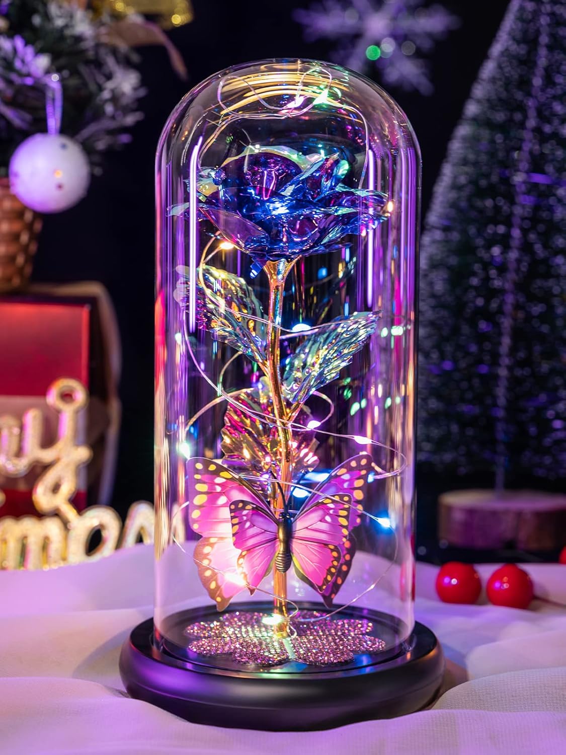 Birthday Gifts for Women Mom, Galaxy Glass Rose Forever Eternal Crystal Flower Light Up Rose in Glass Dome with Butterfly Mothers Day Christmas Rose Gifts for Her Wife Sister Daughter Friends Purple