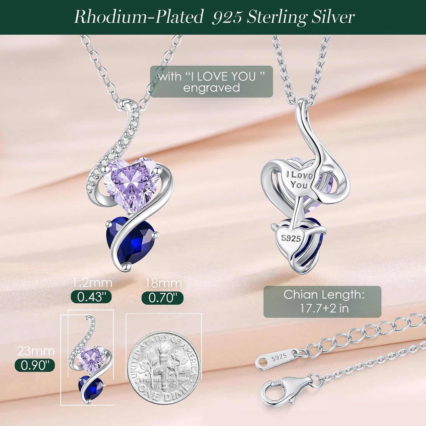 LOUISA SECRET Unique Double Heart Necklace Gifts for Wife Women, 925 Sterling Silver Tiny Birthstone Pendant Jewelry Gift for Her Girlfriend Mom Valentine's Day Anniversary Mother's Day Birthdays & Christmas