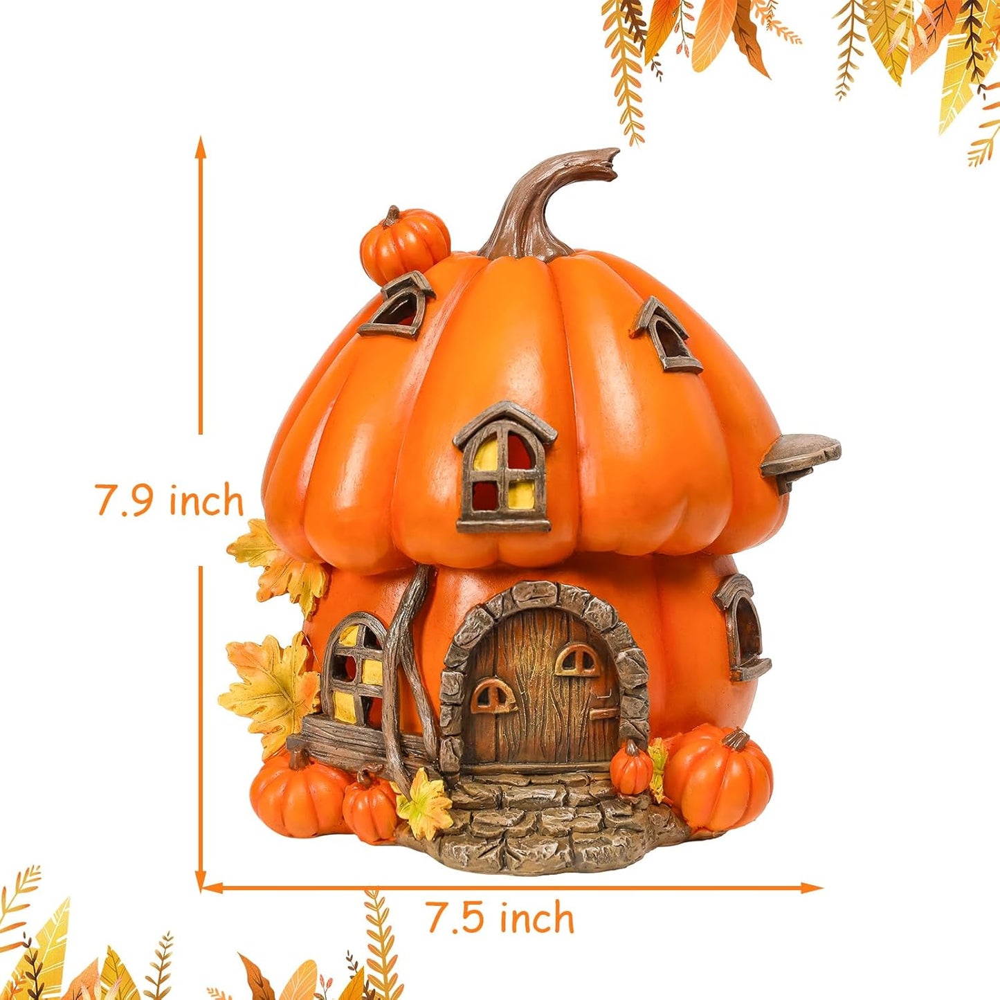 Bdor Fall Pumpkin House Decor with LED Light – 7.5"x6.7"x7.9" Harvest Pumpkin Figurine – Autumn Tabletop Decoration for Thanksgiving, Halloween, Indoor Outdoor Use