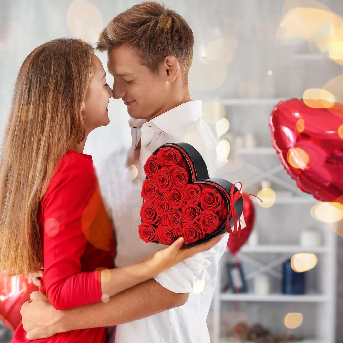 16 Forever Flowers in Heart Shaped Box - Preserved Roses Romantic Gifts for Her, Valentine’s Day, Anniversary, Wedding (Red)