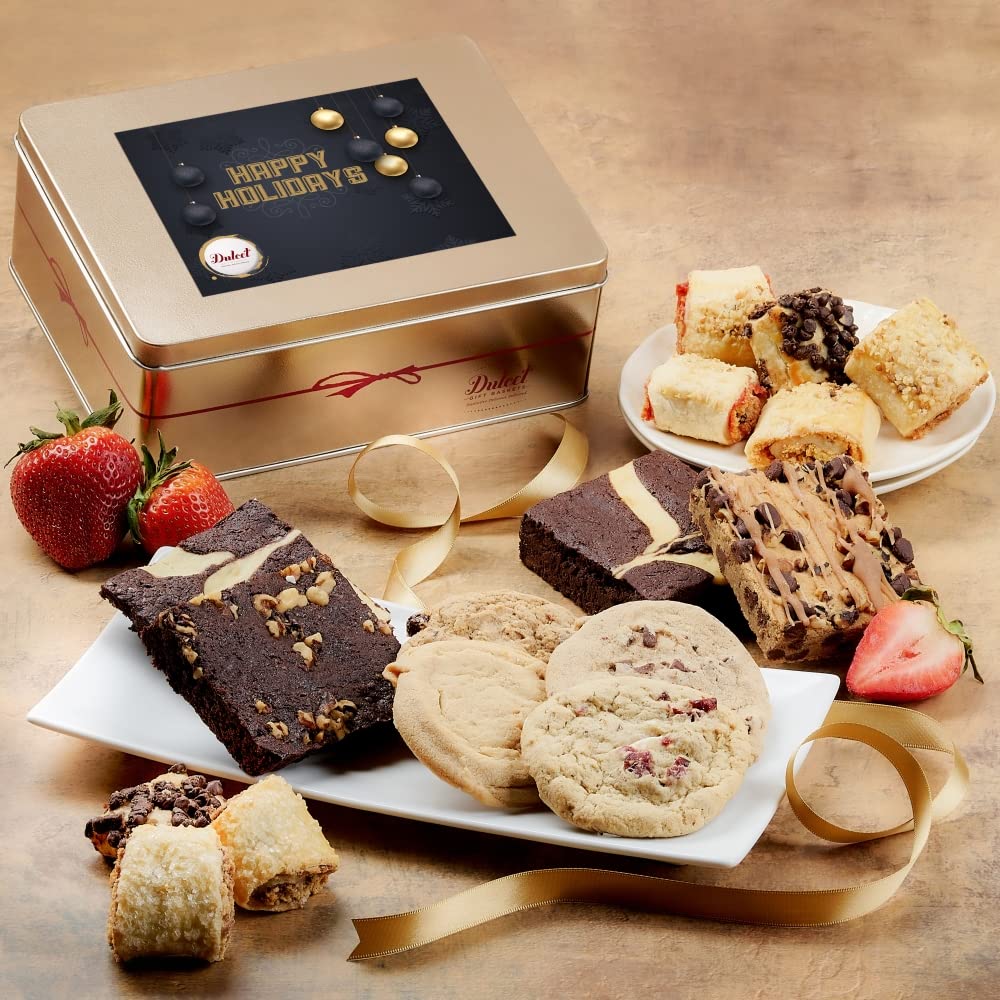 Dulcet Gift Basket Gourmet Brownie and Cookie Snack Signature Gift Basket-Includes a Variety of Pastries in an Elegant Hand Assembled Tin Box, Great for Christmas, Happy Holidays for Friends, Family, Workers, and Colleagues