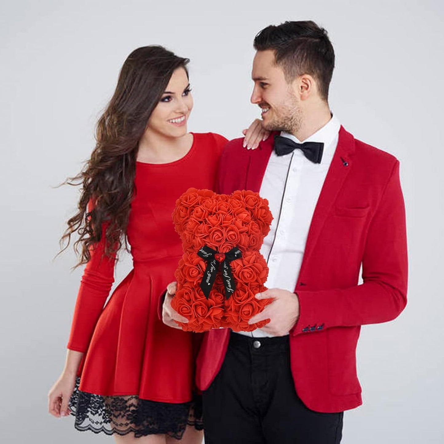 Artificial Rose Flower Bear,Perfect Romantic Gift for Her, Valentine's Mother's Day, Christmas, Birthday,Thanksgiving Party Anniversary Girl Friend Wife with Heart-Shaped Diamond Black Red