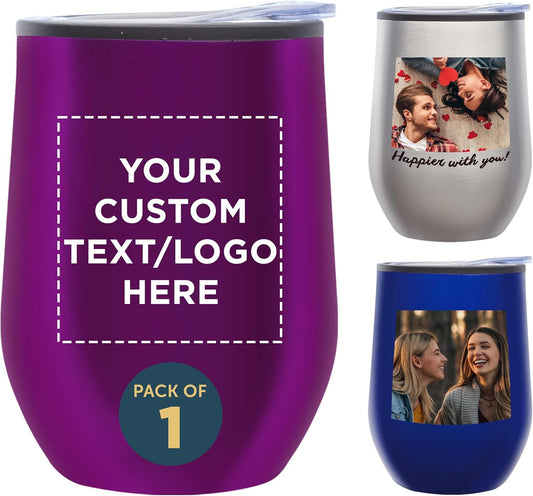 DISCOUNT PROMOS Custom Stemless Wine Tumblers 12 oz. Set of 1, Personalized Bulk Pack - Insulated, Perfect for Wine, Cocktails, Other Hot & Cold Beverages - Purple