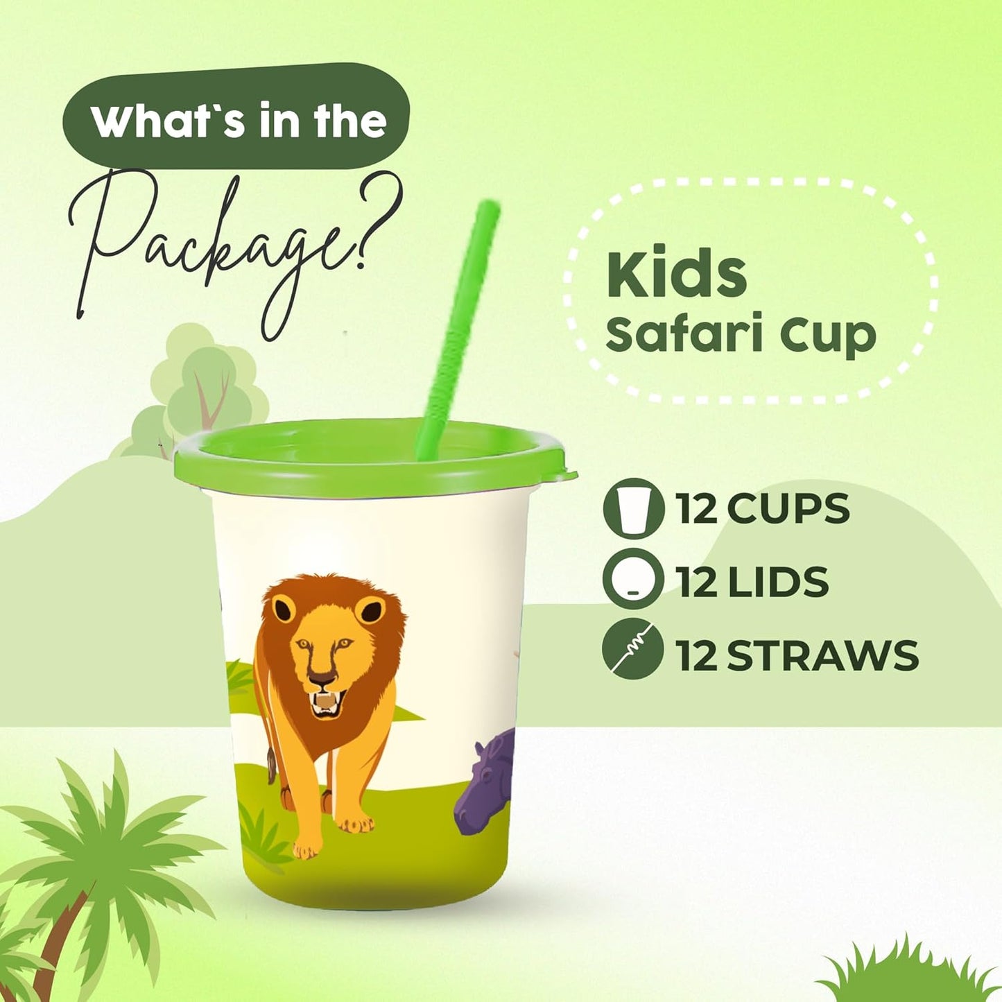 Safari Party Decorations – Set of 12 Zoo Animal Cups with Lids and Straws, Perfect for Safari Birthday, Zoo Favors & Jungle Animal Party Theme