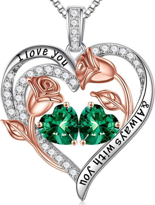 Iefil Birthstone Necklace for Women - 925 Sterling Silver Rose Heart Birthstone Necklace Birthday Anniversary Jewelry Gifts for Her Wife Mom Daughter