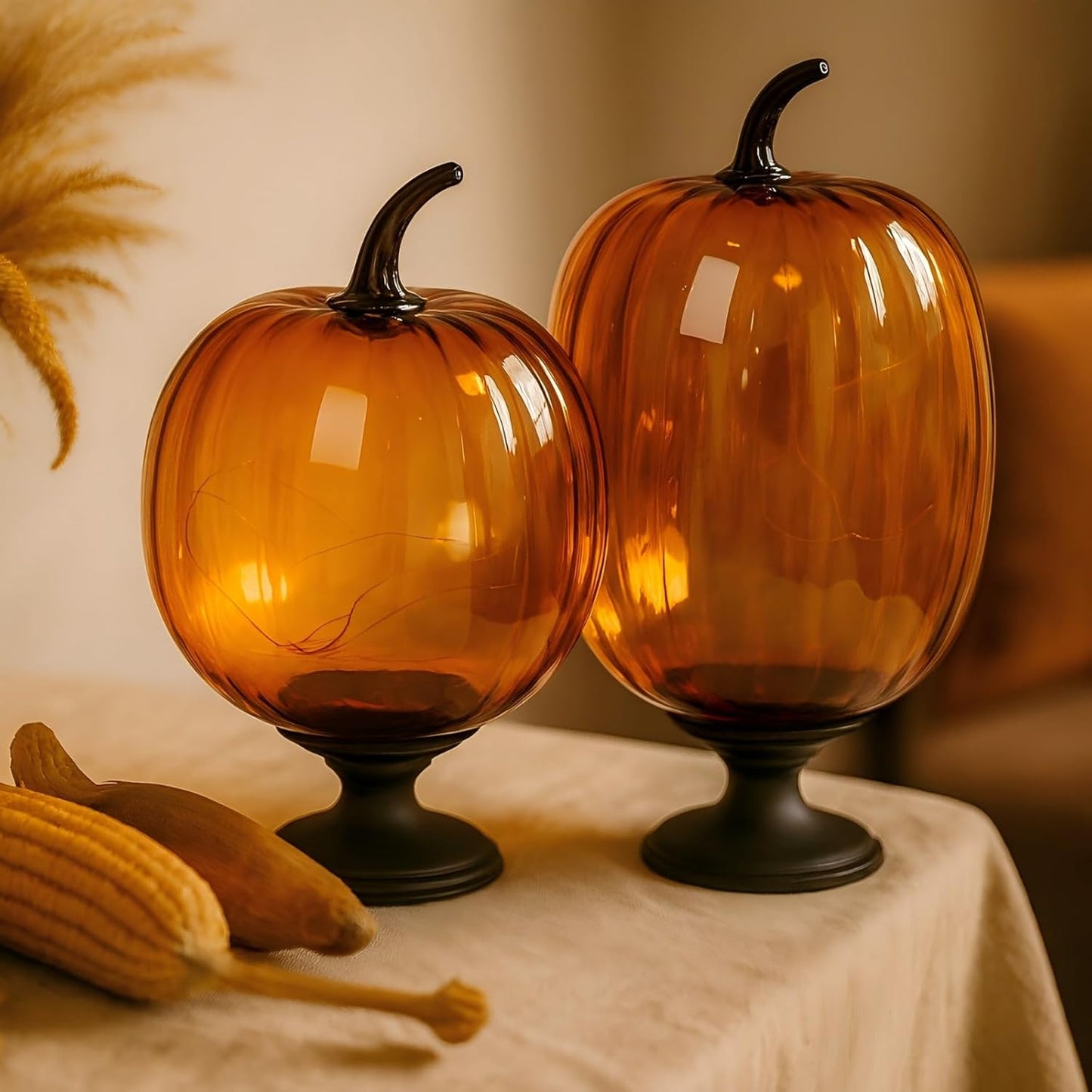 Glass Pumpkin Lights with Warm Yellow LED String, Set of 2 – 13.4” & 11.8” Tall Amber Glass Pumpkins for Fall, Halloween, Thanksgiving Table Centerpiece, Indoor Autumn Home Decor