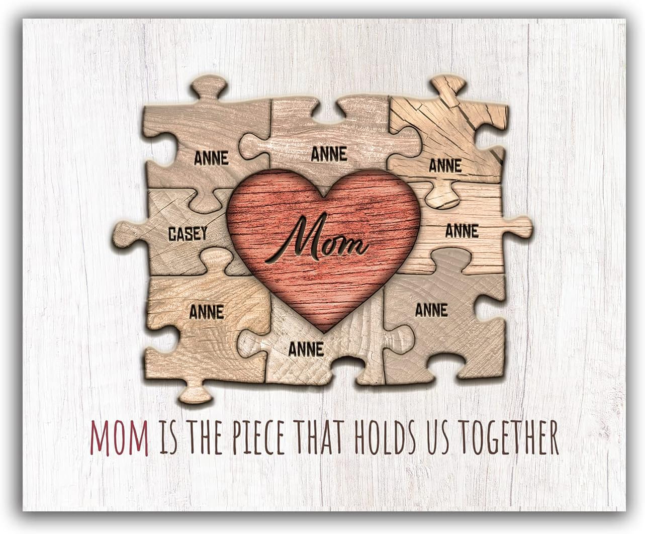 Personal-Prints MOM & Children Personalized HEART Puzzle Wall Art | Unique Customized with up to 8 Names | Mother’s Day, Birthday or Christmas Gift (16"x20" Stretched Canvas, 8 Children)