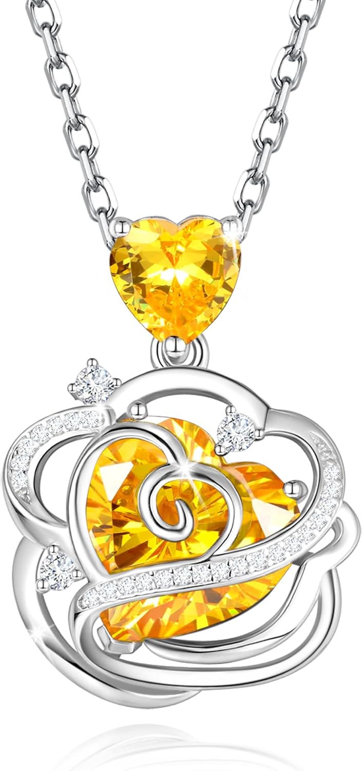 FANCIME Thornless Pulse Birthstone Necklace for Women Sterling Silver Rose Pendant Fine Jewelry Gemstone Birthday Christmas Gifts for Wife Her