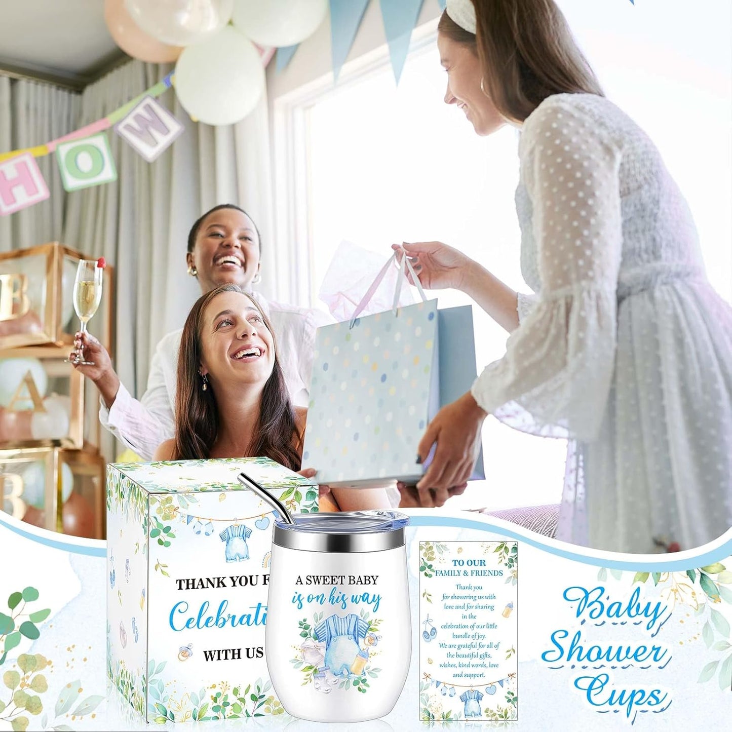 Hoolerry 6 Set Baby Shower Game Prizes for Guests Winners 12 oz Insulated Stainless Steel Tumbler Cup with Lids, Straws, Cleaning Brush, Cards & Boxes Return Gifts(Blue-green,Boy, Greenery)