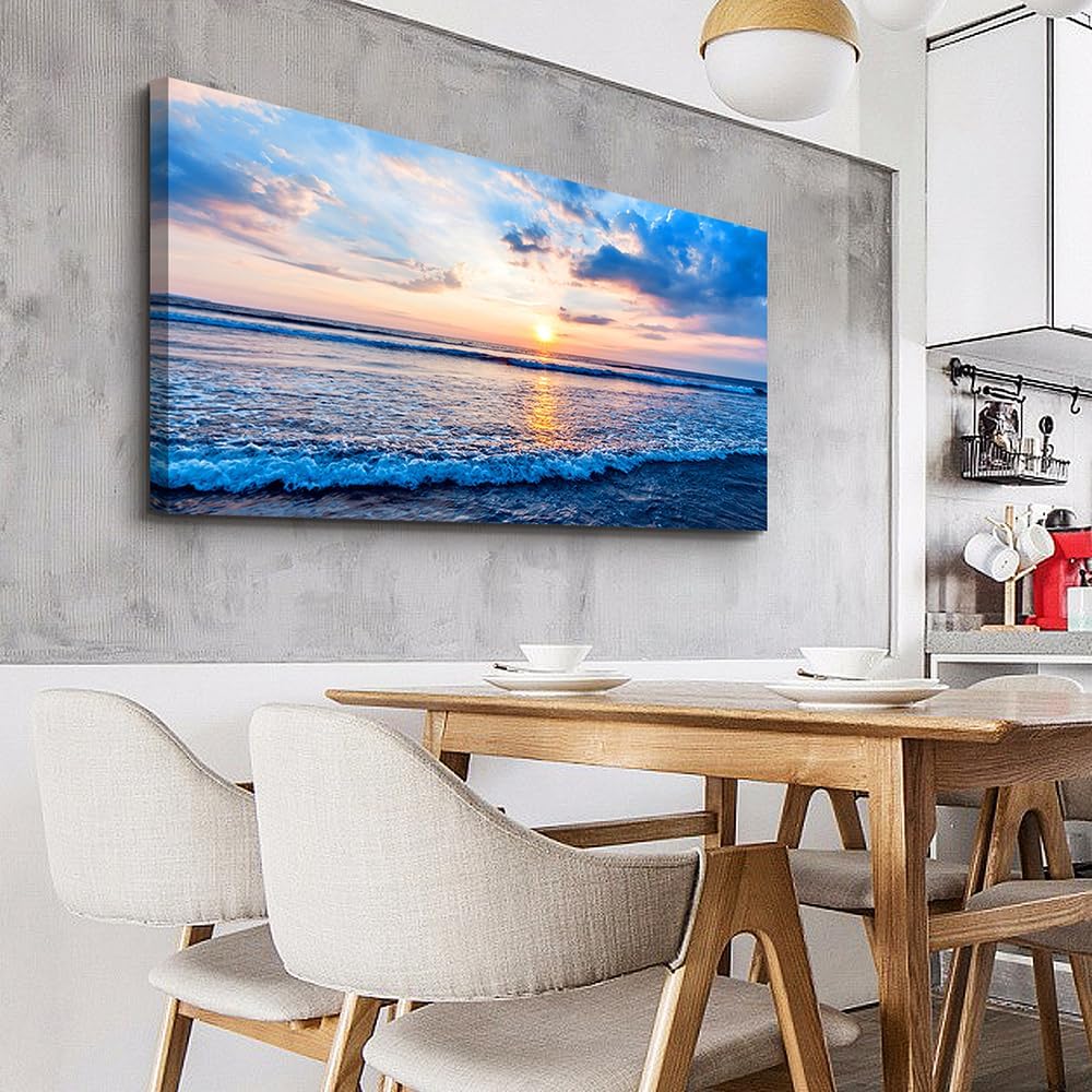 Wapluam Large Canvas Wall Art For Living Room Office Wall Decor Beach Pictures Blue Ocean Sea Waves Landscape Wall Painting Ready To Hang Bedroom Home Decor Canvas Prints Posters Wall Mural Artwork