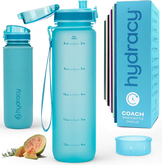 Hydracy Water Bottle with Time Marker -Large BPA Free Water Bottle & No Sweat Sleeve -Leak Proof Gym Bottle with Fruit Infuser Strainer & Times to Drink -Ideal for Fitness Sports & Outdoors