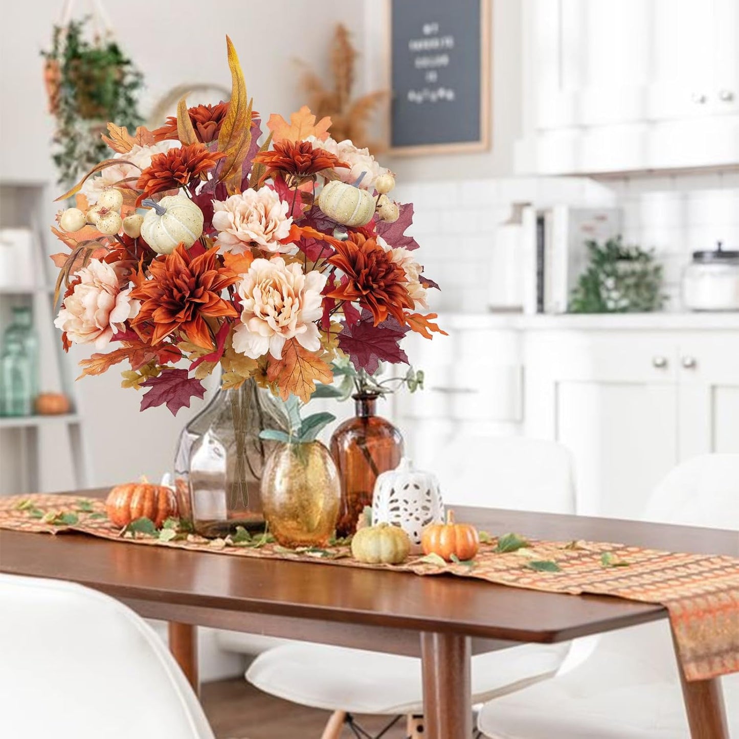 2 Bundles Fall Cemetery Flowers for Grave Fake Fall Flowers Mixed Bush Artificial Dahlia with Pumpkins Silk Floral Arrangement for Autumn Party Wedding Home Thanksgiving Decor (19.29")