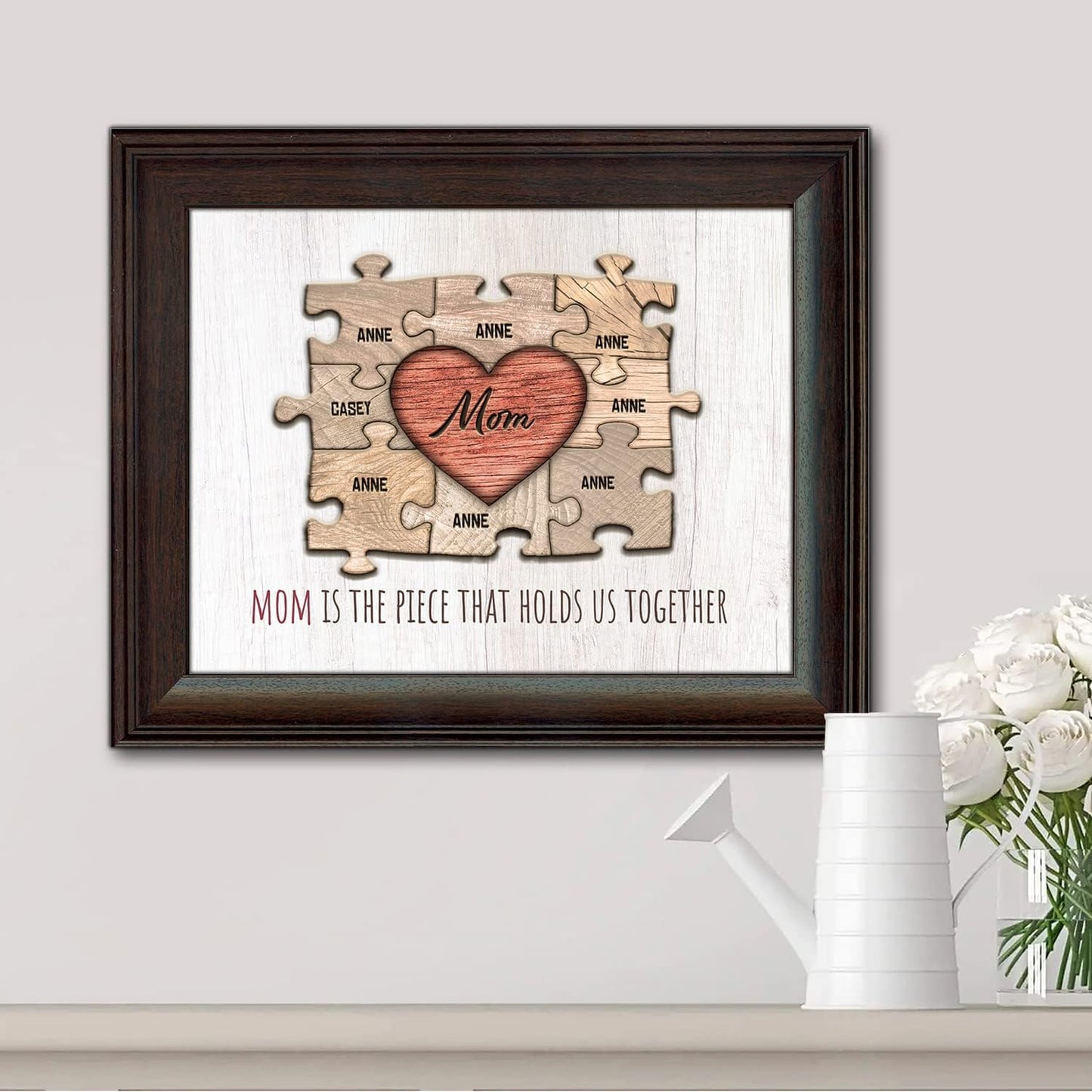 Personal-Prints MOM & Children Personalized HEART Puzzle Wall Art | Unique Customized with up to 8 Names | Mother’s Day, Birthday or Christmas Gift (13"x16" Framed Paper Print, 8 Children)