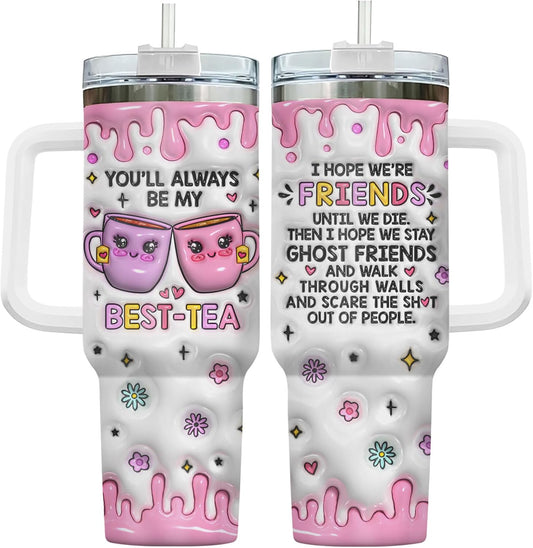 34HD Bestie Tumler with Handle & Straw, 40oz Stainless Steel Vacuum Insulated Best Friend Cup, Anniversary Christmas Birthday Gifts for Women Work Bestie Soul Sisters Best Friend