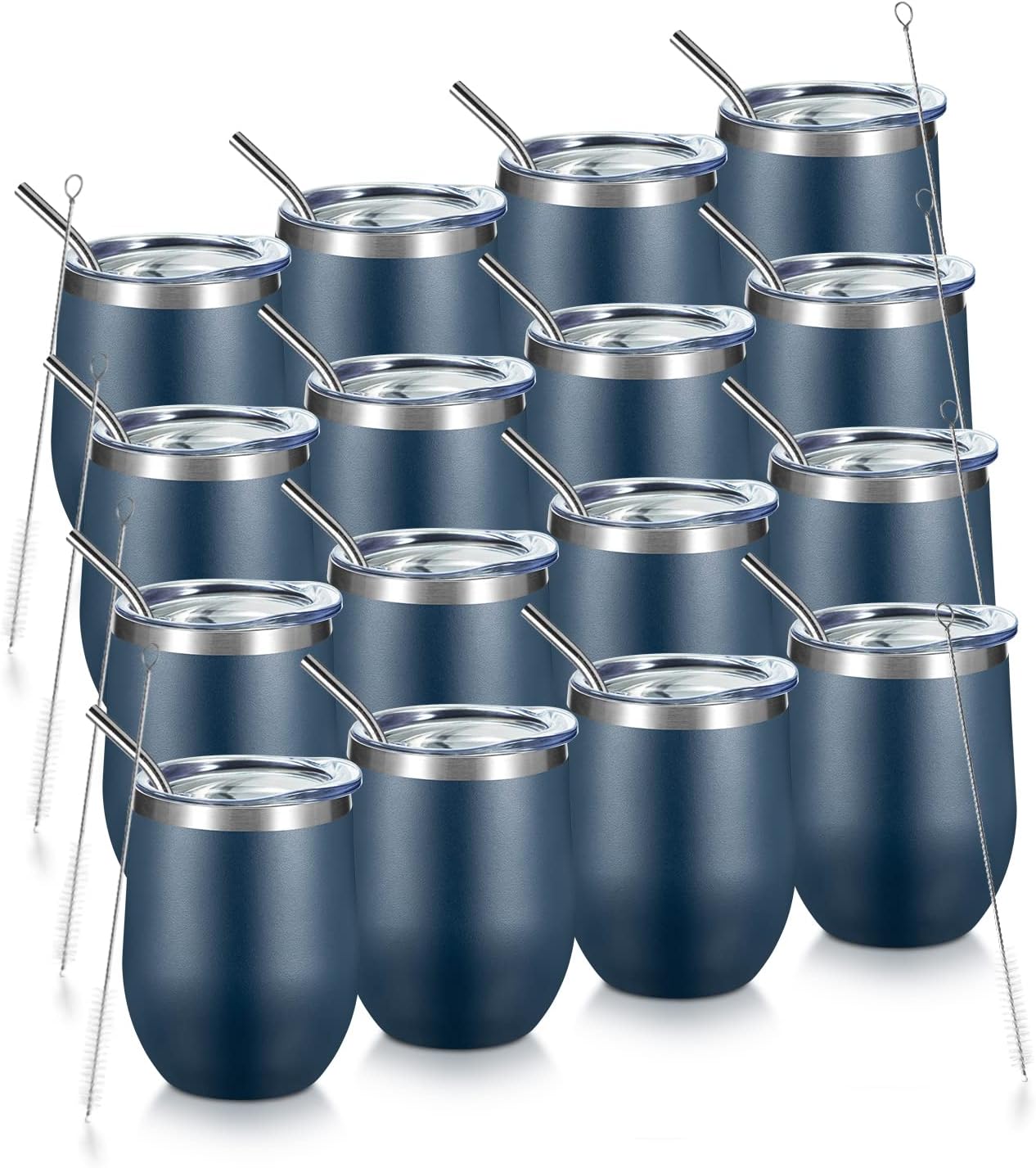 COMOOO 16 Pack Stainless Steel Wine Tumbler with Lid and Straw 12oz Double Wall Vacuum Insulated Wine Tumbler Cup Stemless for hot and Cold Drinks, Coffee, Wine, Cocktails, Navy