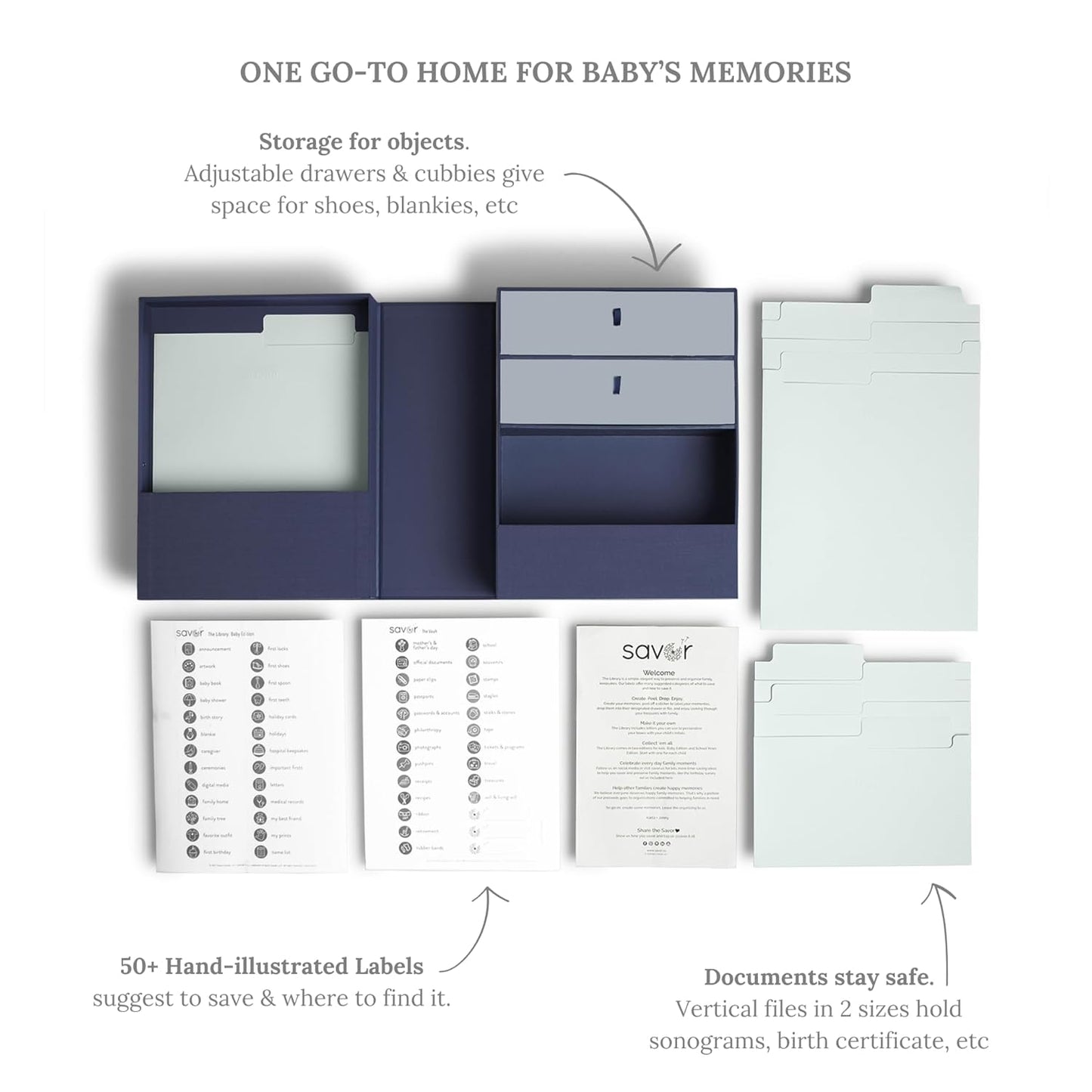 Savor | Personalized Baby Keepsake Organizer Box | Customizable Fabric Bound Acid-Free Modern Minimalist Newborn Memory Box with Labels | For Pregnancy, Mother’s Day, Baby Shower, New Baby Girl & Boy