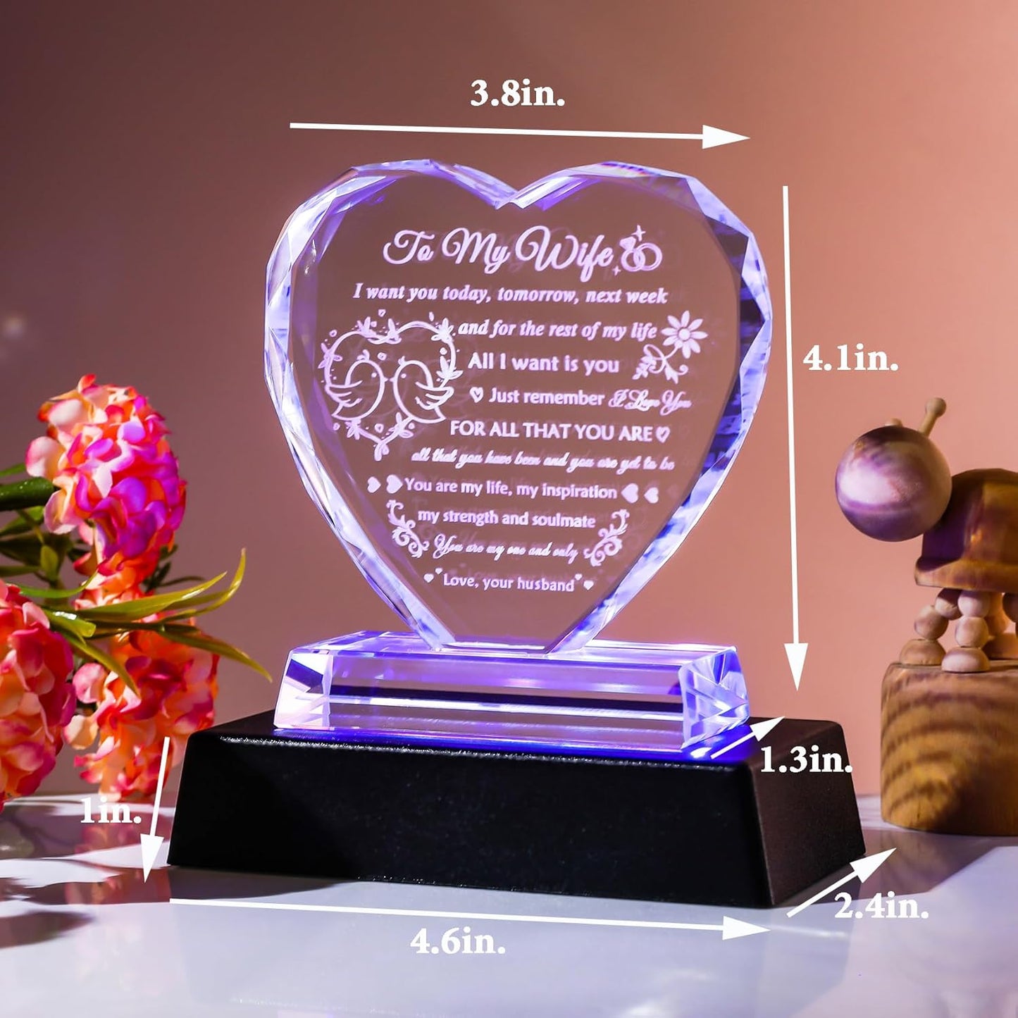 YWHL Gifts for Wife from Husband Birthday Gifts for Wife Crystal Keepsake Anniversary Present with Colorful LED Base Romantic I Love You Gift for Her on Valentines Mothers Day Christmas