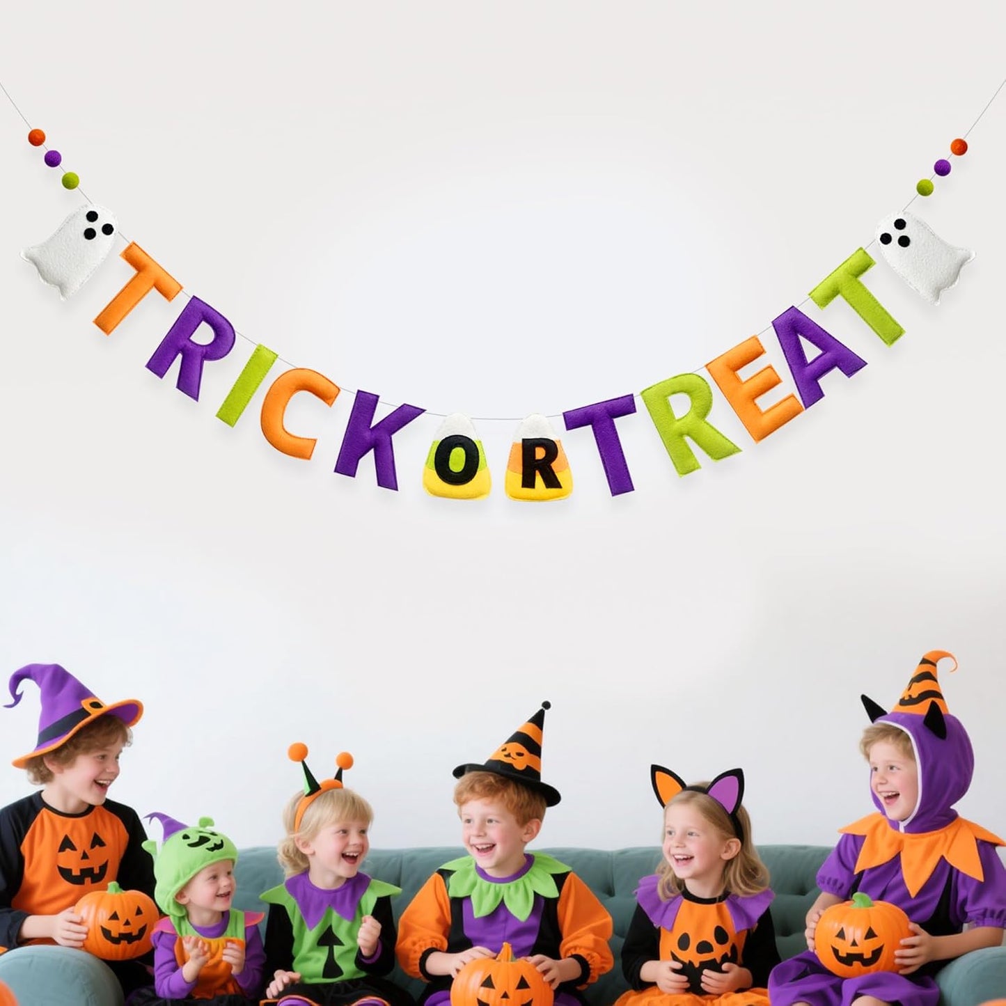 Halloween Decorations Pre-Strung Felt Trick or Treat Sign Ghost Candy Corn Banner Wool Felt Ball Garland for Halloween Ghost Home Nursery Wall Decor Birthday Baby Shower Party Decorations Supplies
