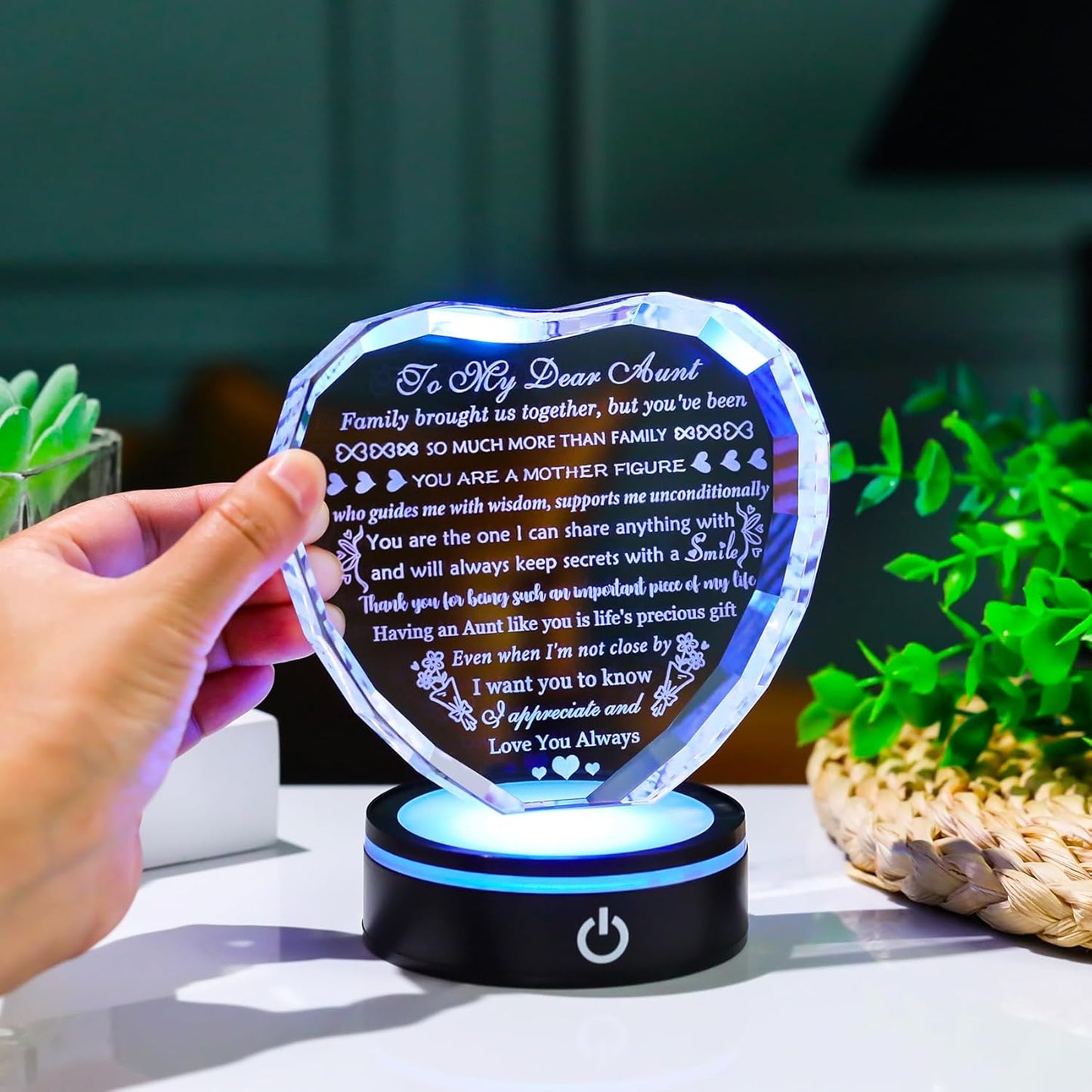 YWHL Aunt Birthday Gifts for Women with Colorful LED Base Unique Heart Gifts for Aunt from Niece Nephew Best Auntie Gift Ideas on Mothers Day Thanksgiving
