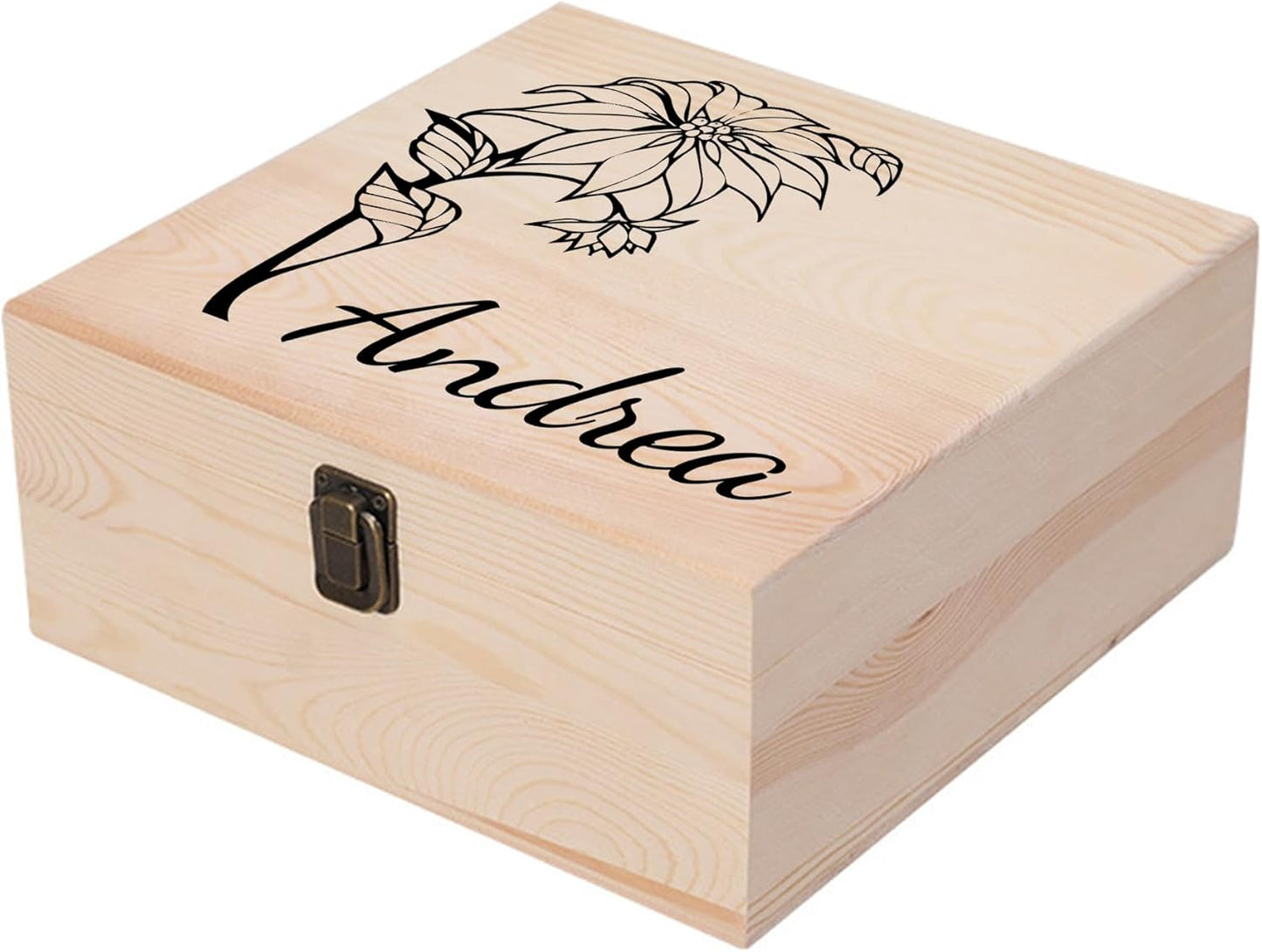 Personalized Wooden Keepsake Memory Box with Birth Flower & Name, Custom Wood Decorative Storage Box with Lids Customized Christmas Gift Box for Women Teen Girls Mom Birthday Gifts