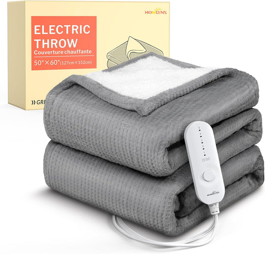 HOMLYNS LuxeHeat Heated Blanket Throw, Soft Flannel Sherpa, Electric Blanket 5 Heat Settings, Fast Heating, Heating Throw Blanket 3 Hours Timer Auto Shut Off, Machine Washable, 50×60 Inches, Grey