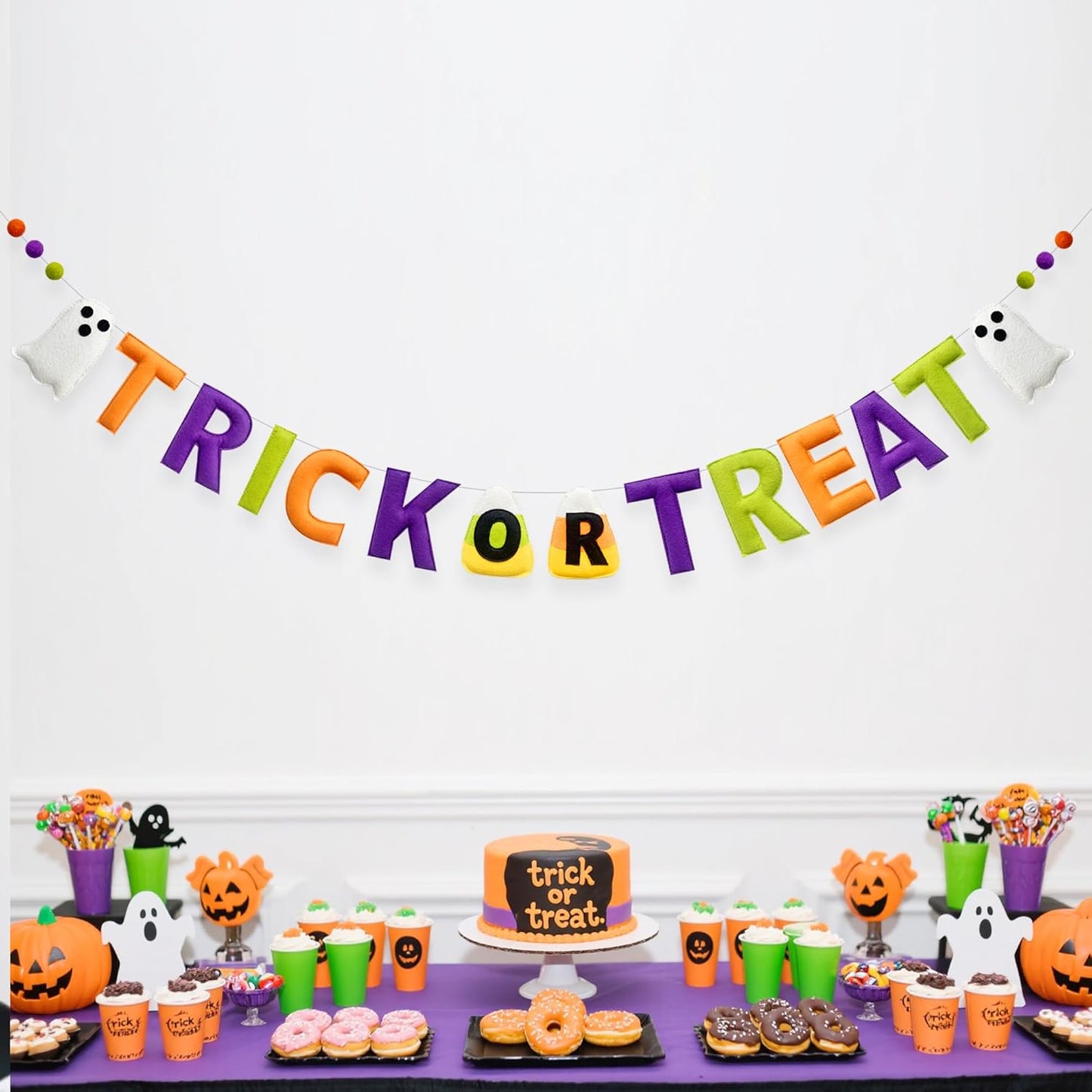 Halloween Decorations Pre-Strung Felt Trick or Treat Sign Ghost Candy Corn Banner Wool Felt Ball Garland for Halloween Ghost Home Nursery Wall Decor Birthday Baby Shower Party Decorations Supplies