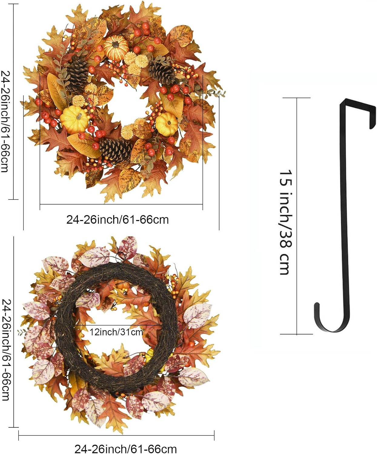24" Fall Wreath for Front Door - Artificial Autumn Wreath with Maple Leaves, Pine Cones, Pumpkins & Berries - Thanksgiving & Halloween Decor for Indoor/Outdoor Use