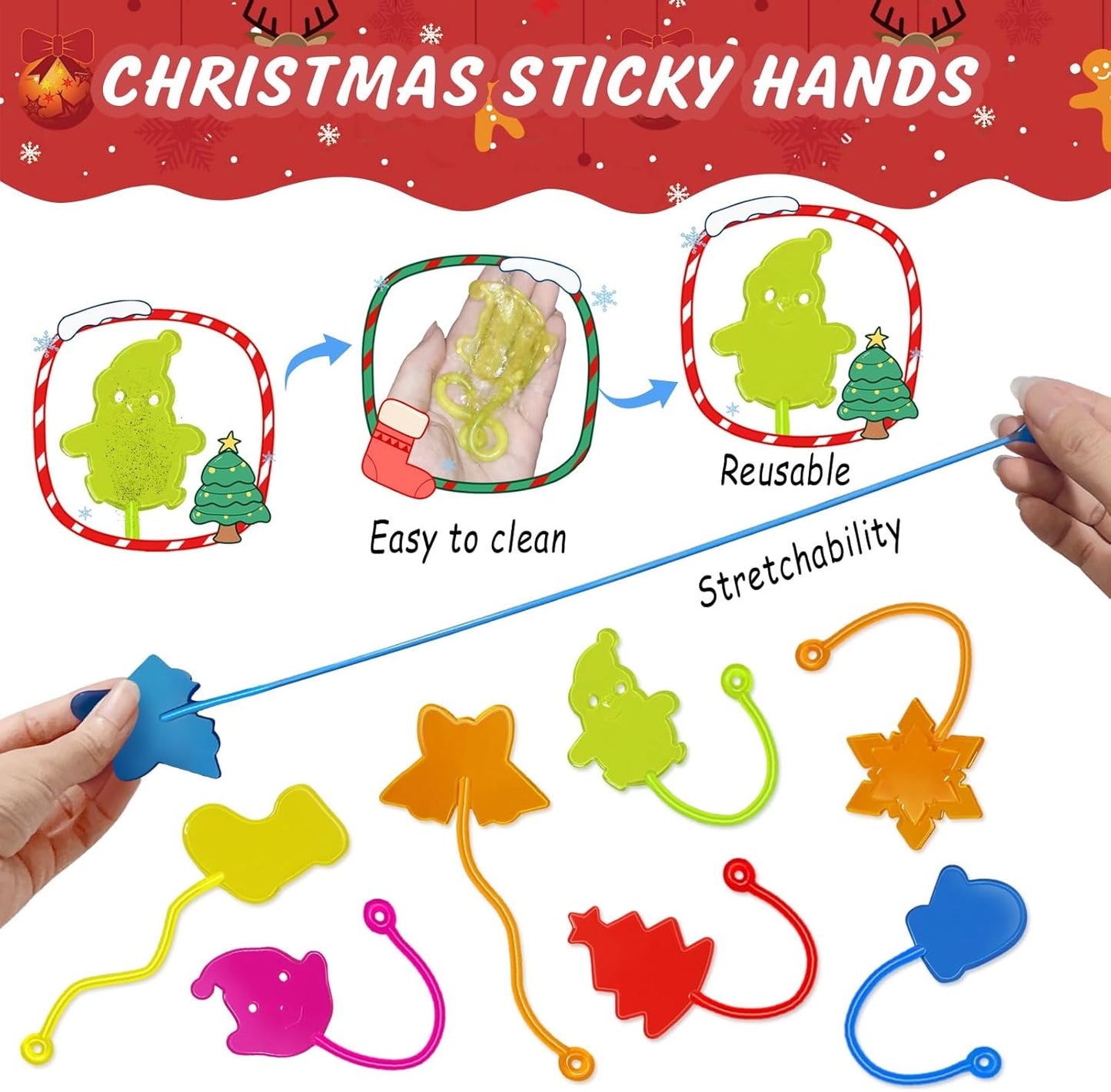 Christmas Sticky Hands Bulk 42PCS Christmas Party Favors for Kids Stocking Stuffers for Kids Stretchy Sticky Hand Toy Goodie Bag Stuffers Fillers Toys Classroom Prizes Carnival Birthday Party Supplies